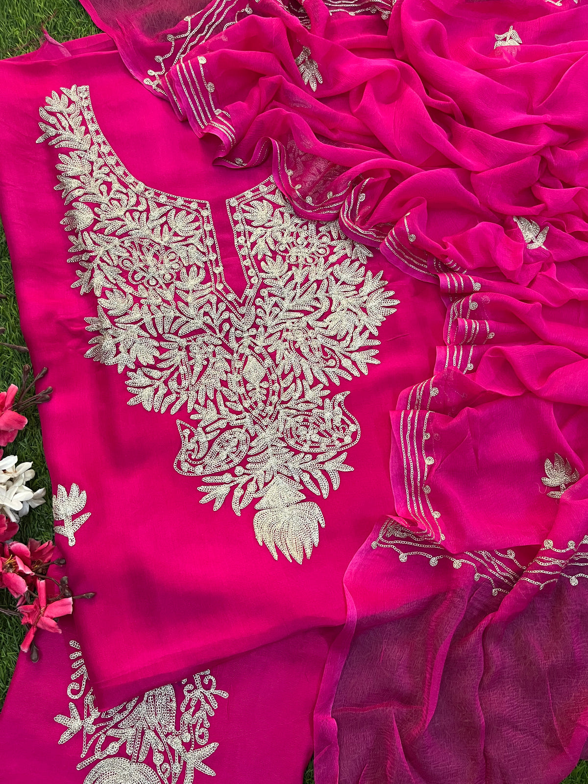 Hot Pink Silk Tilla Kashmiri Suit