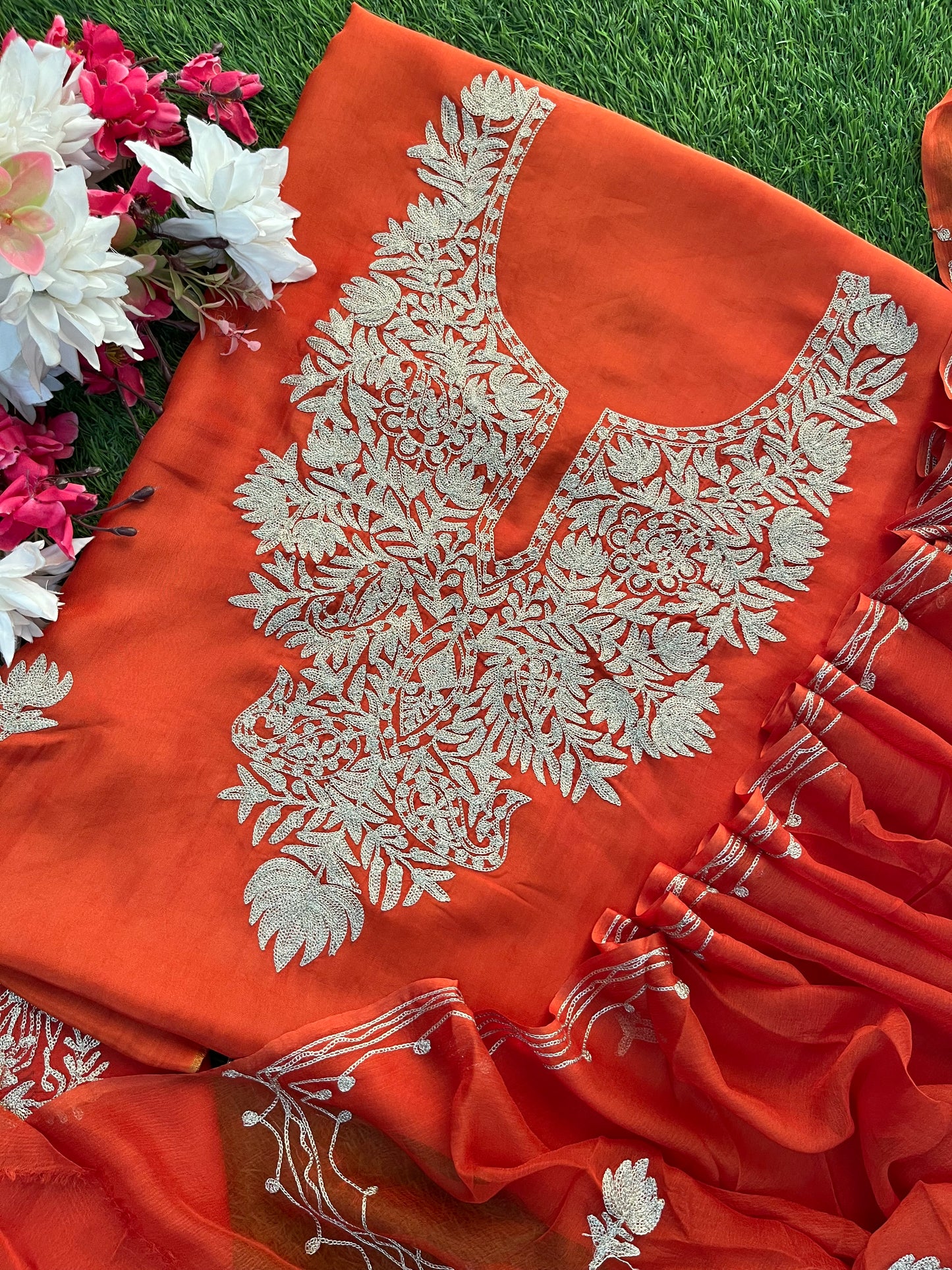 Rust Orange Silk Tilla Kashmiri Suit