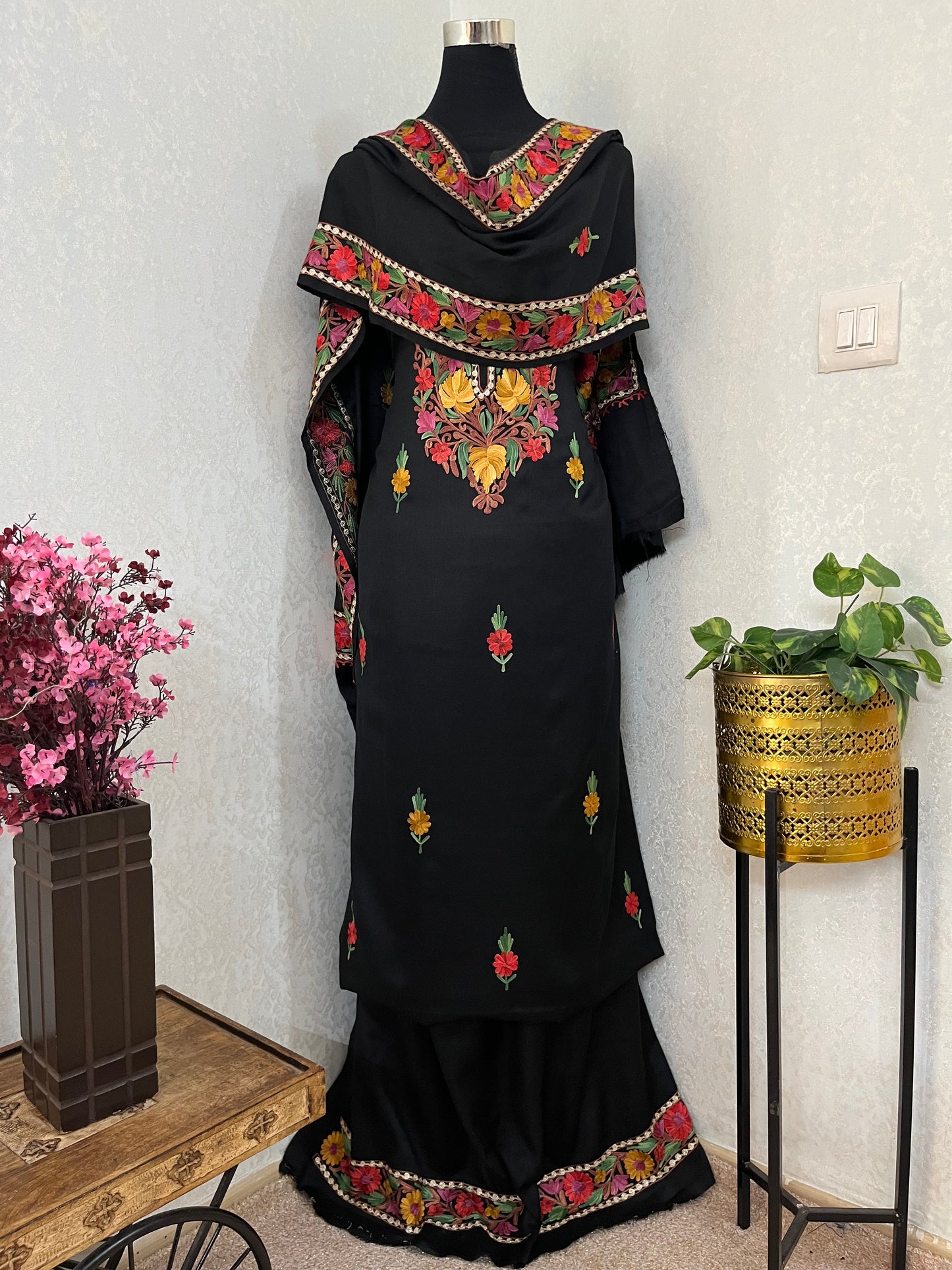 Black Pure Wool Aari Embroidered 3pc Suit Stole