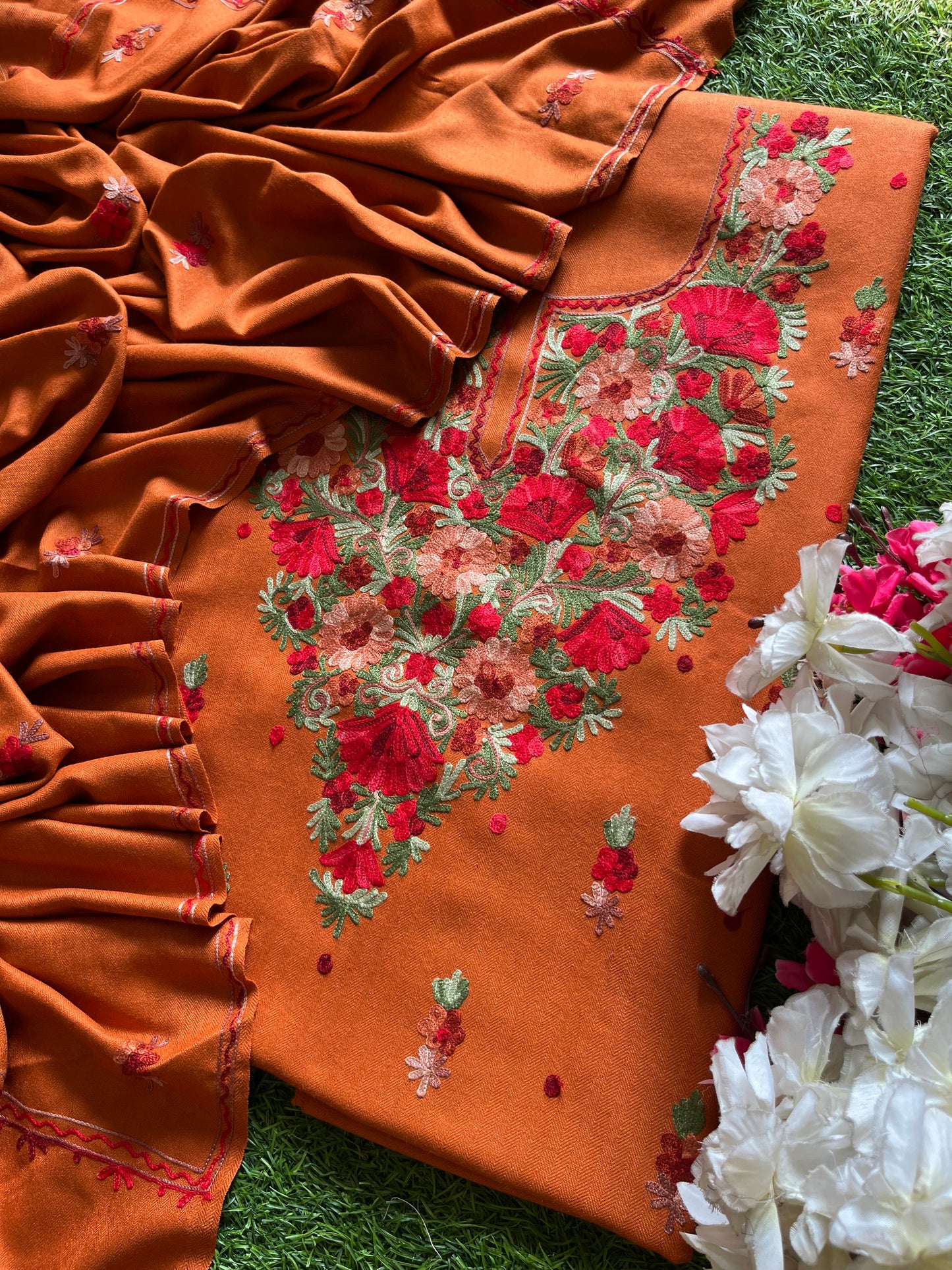 Dull Orange Woollen Aari Embroidered 3pc suit