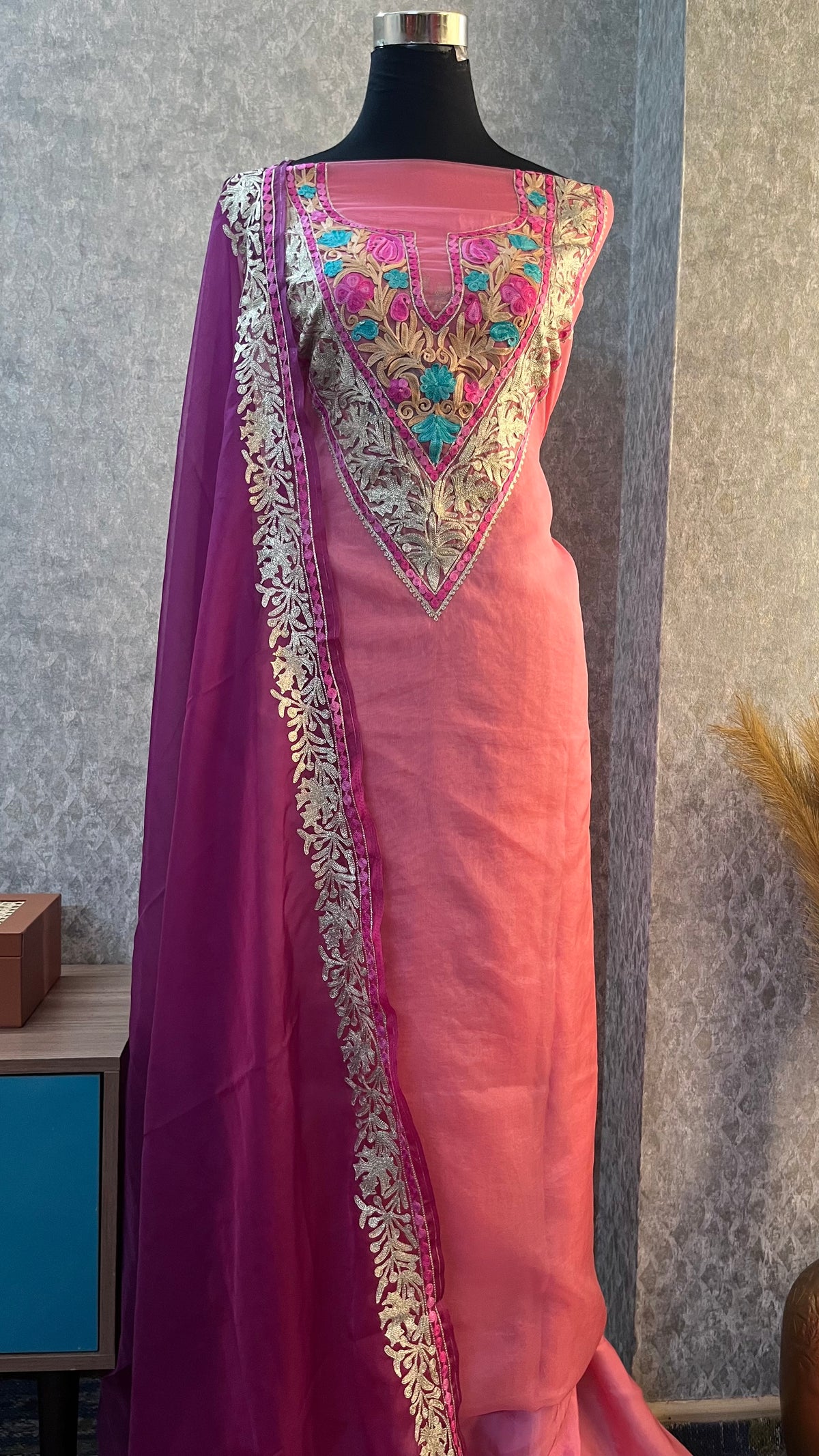 Pink Soft Tissue Kashmiri Suit