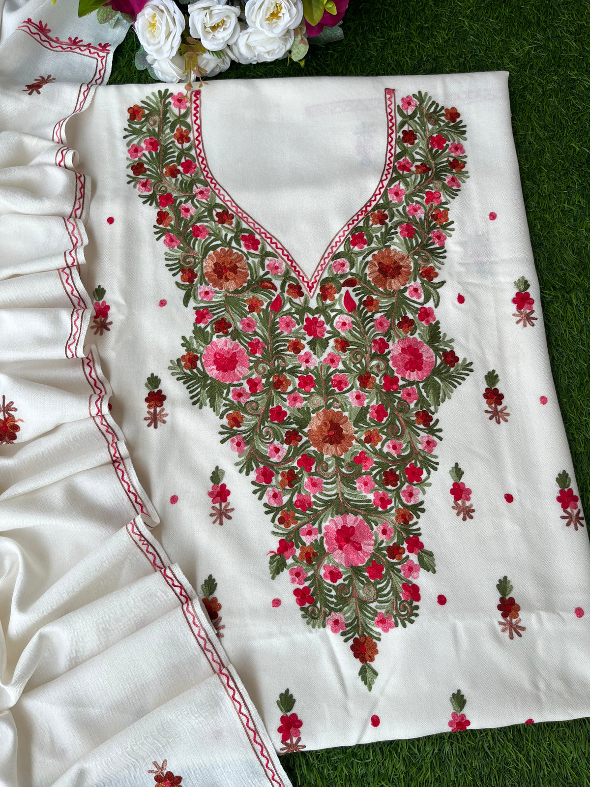 Off White Woollen Aari Embroidered 3pc suit