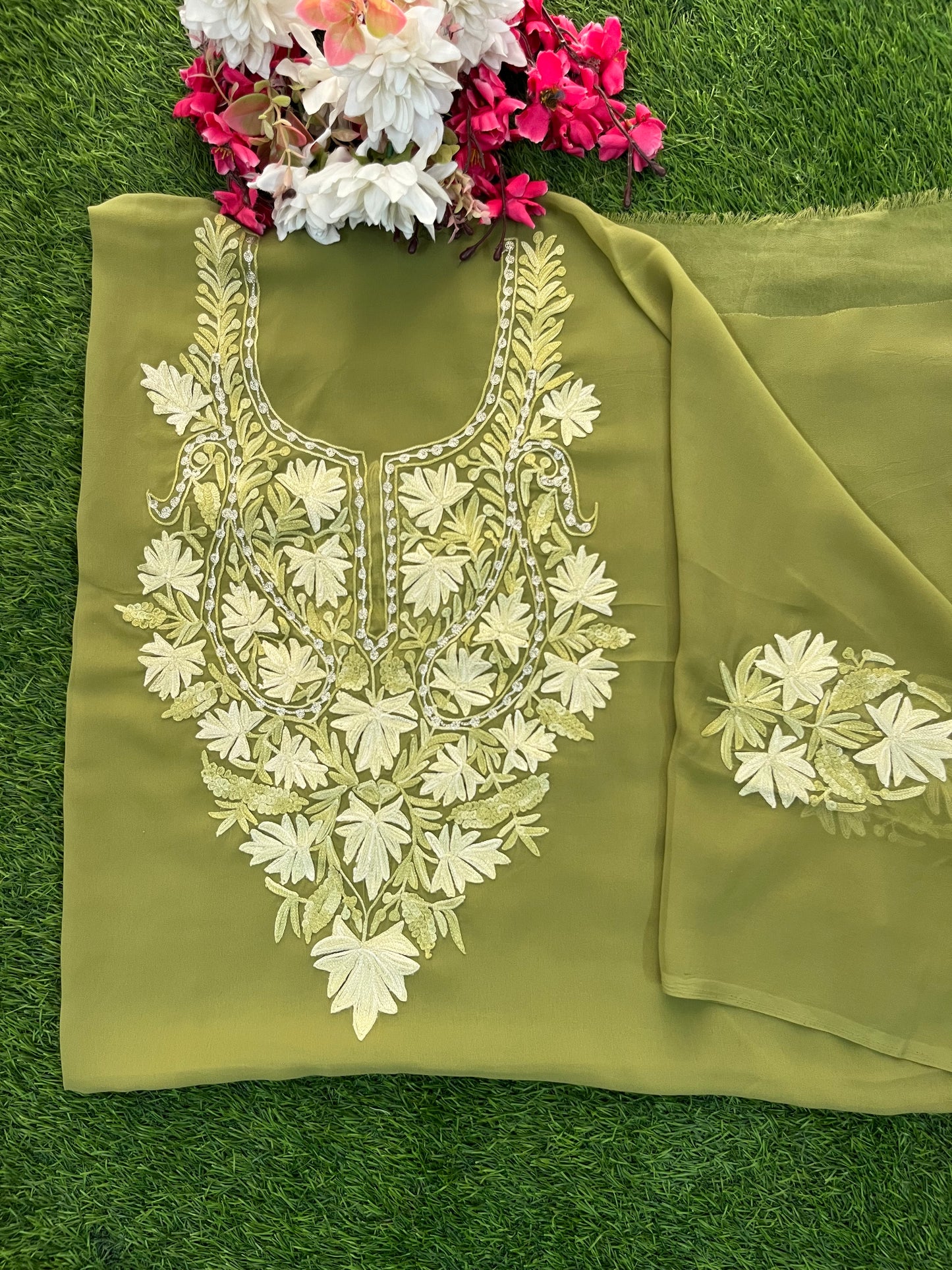 Light Green Georgette Kashmiri Kurta Material