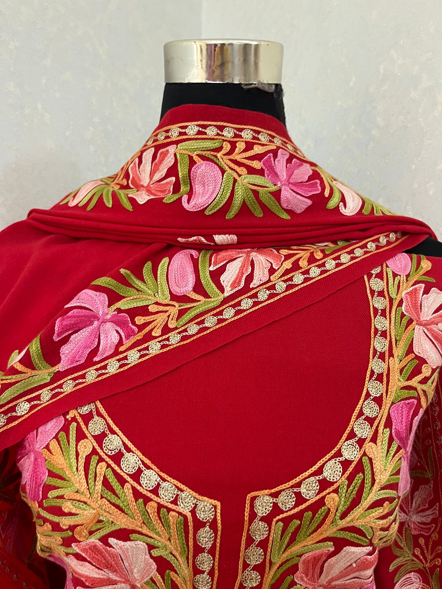 Red Pure Wool Aari Embroidered 3pc Suit Stole