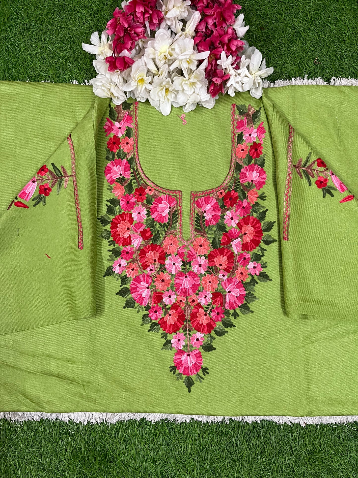 Pista Green Woollen Aari Embroidered 2pc suit 5mtr