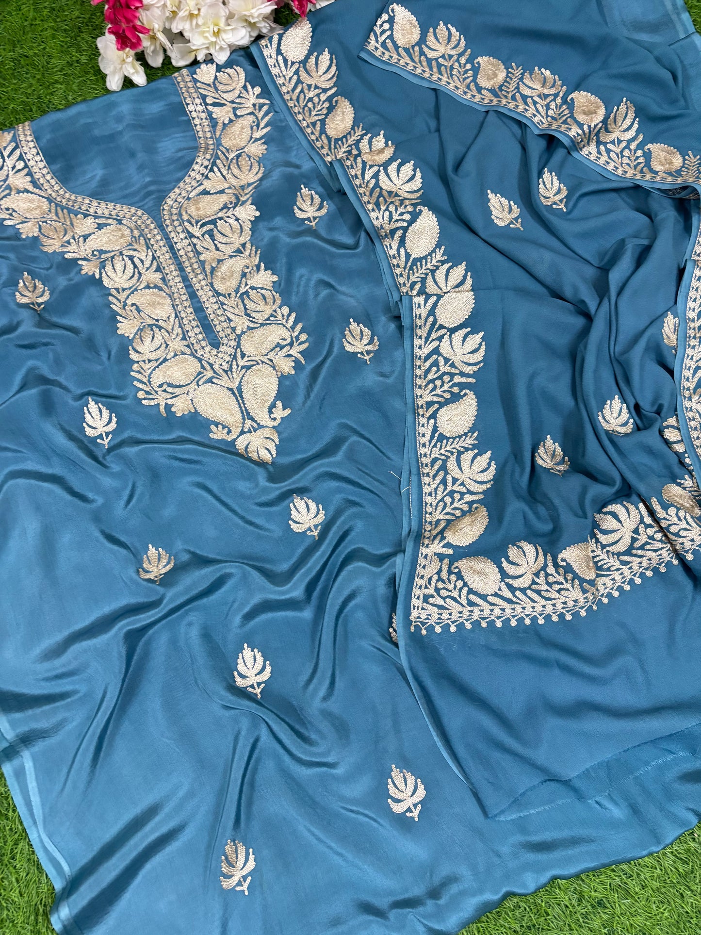 Kalaa’ English Blue Crape Kashmiri Suit