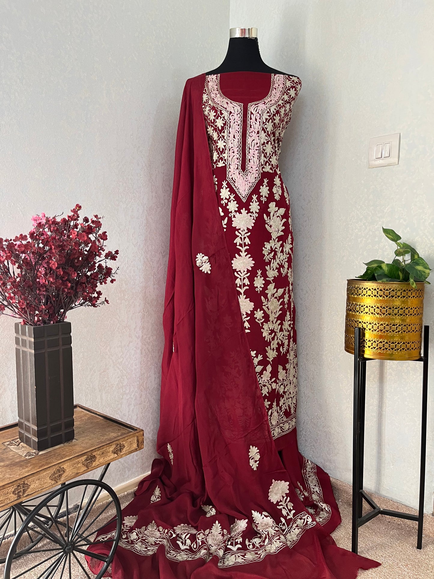 Maroon Pure Soft Organza 3 Pc Heavy Kashmiri Suit