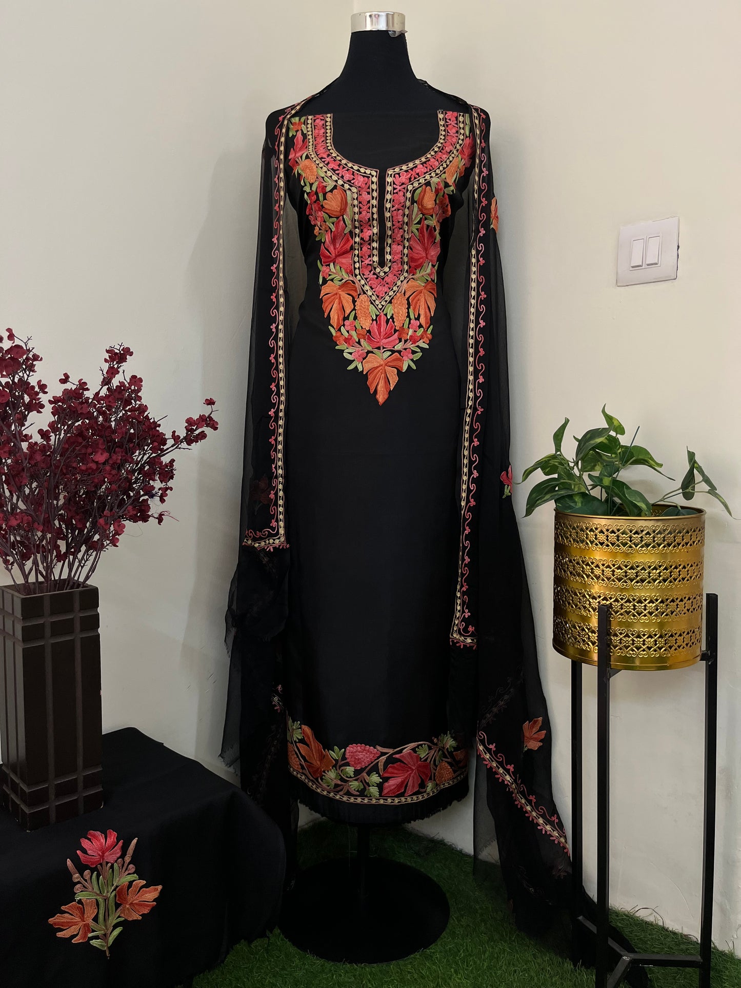 Black Opada Silk Aari Embroidered Suit material