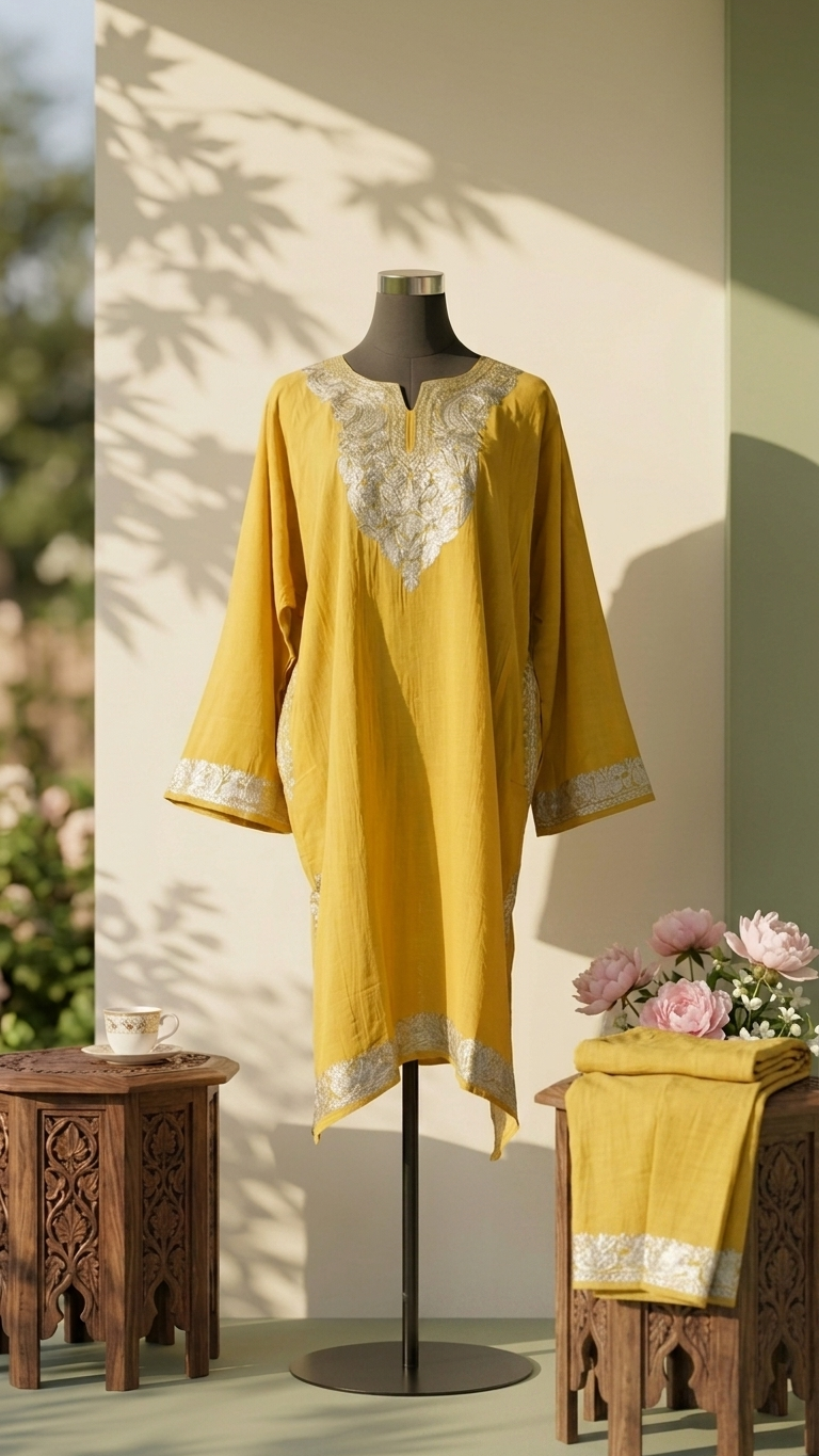 Soft Yellow Cotton Kashmiri Pheran Set (48)