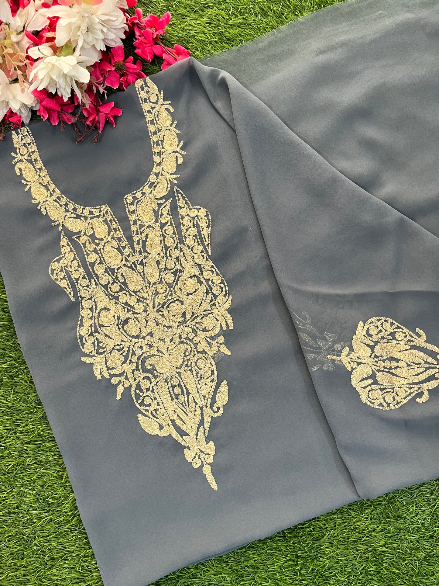 Grey Georgette Kashmiri Kurta (Unstitched)