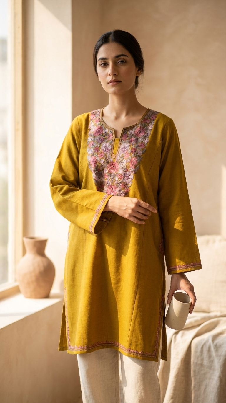 Golden Yellow Aari Embroidered Wool Pheran