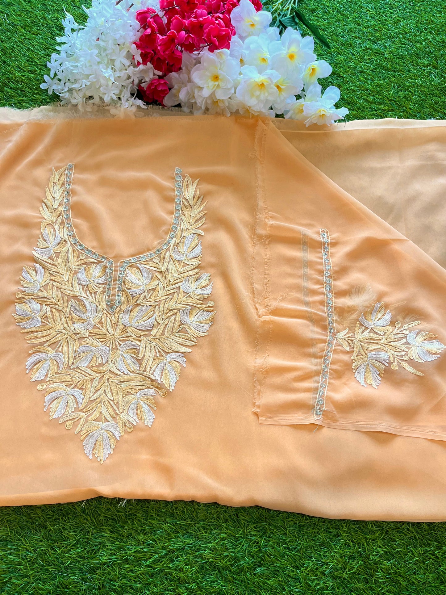 Georgette Peach Aari Embroidered Unstitched Kurta Material