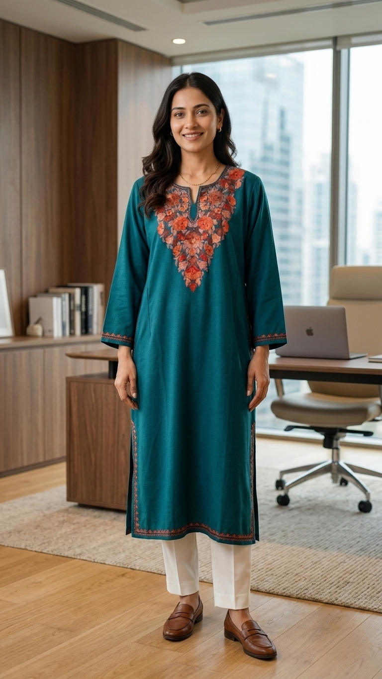Green Aari Embroidered Wool Pheran