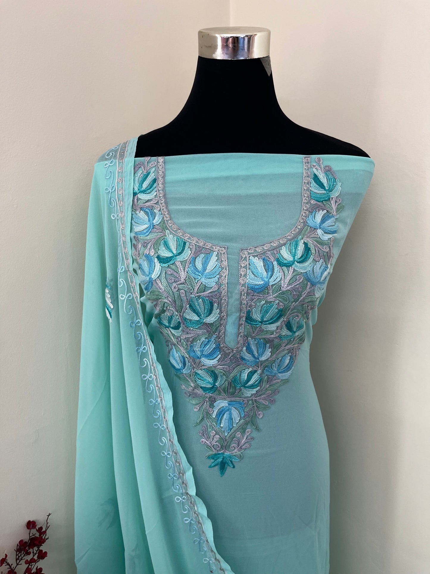 Green Georgette Shirt and Dupatta Aari Embroidered Suit