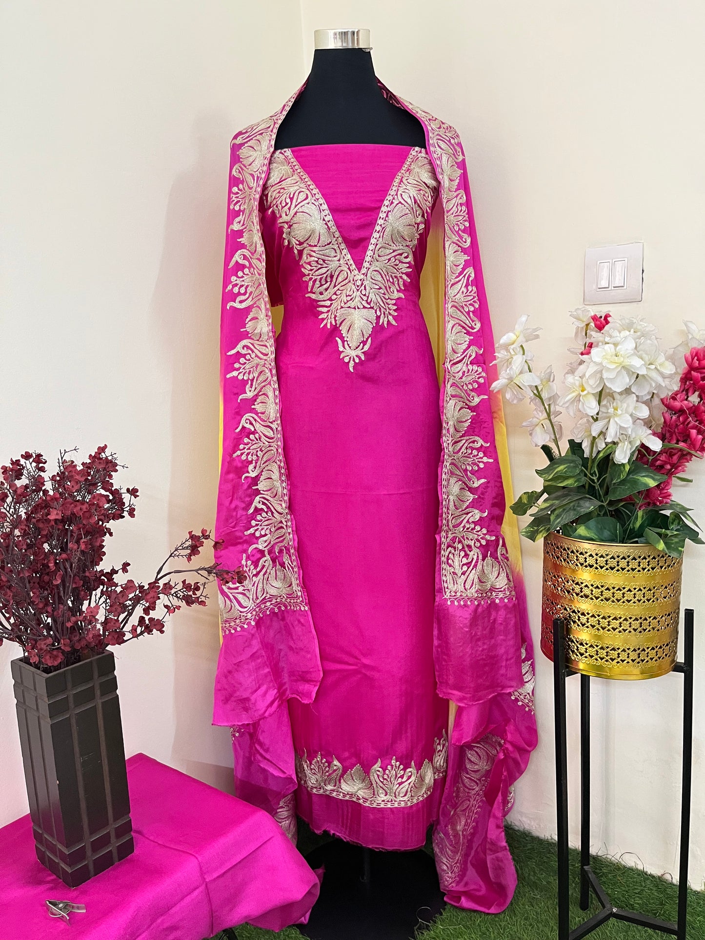 Sanam Hot Pink Silk Kashmiri Suit