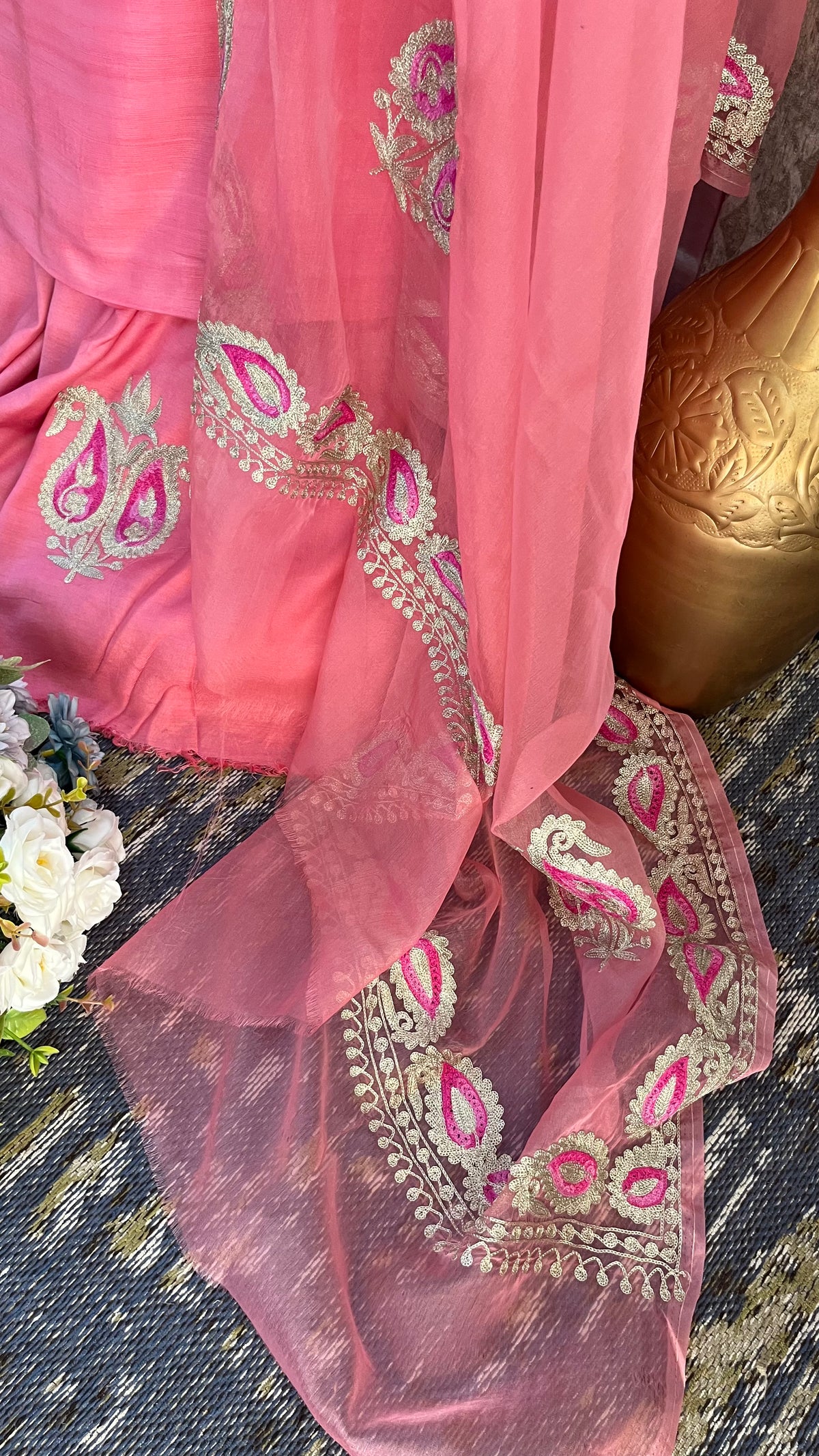 Bubbly Pink Russian Silk Kashmiri Suit