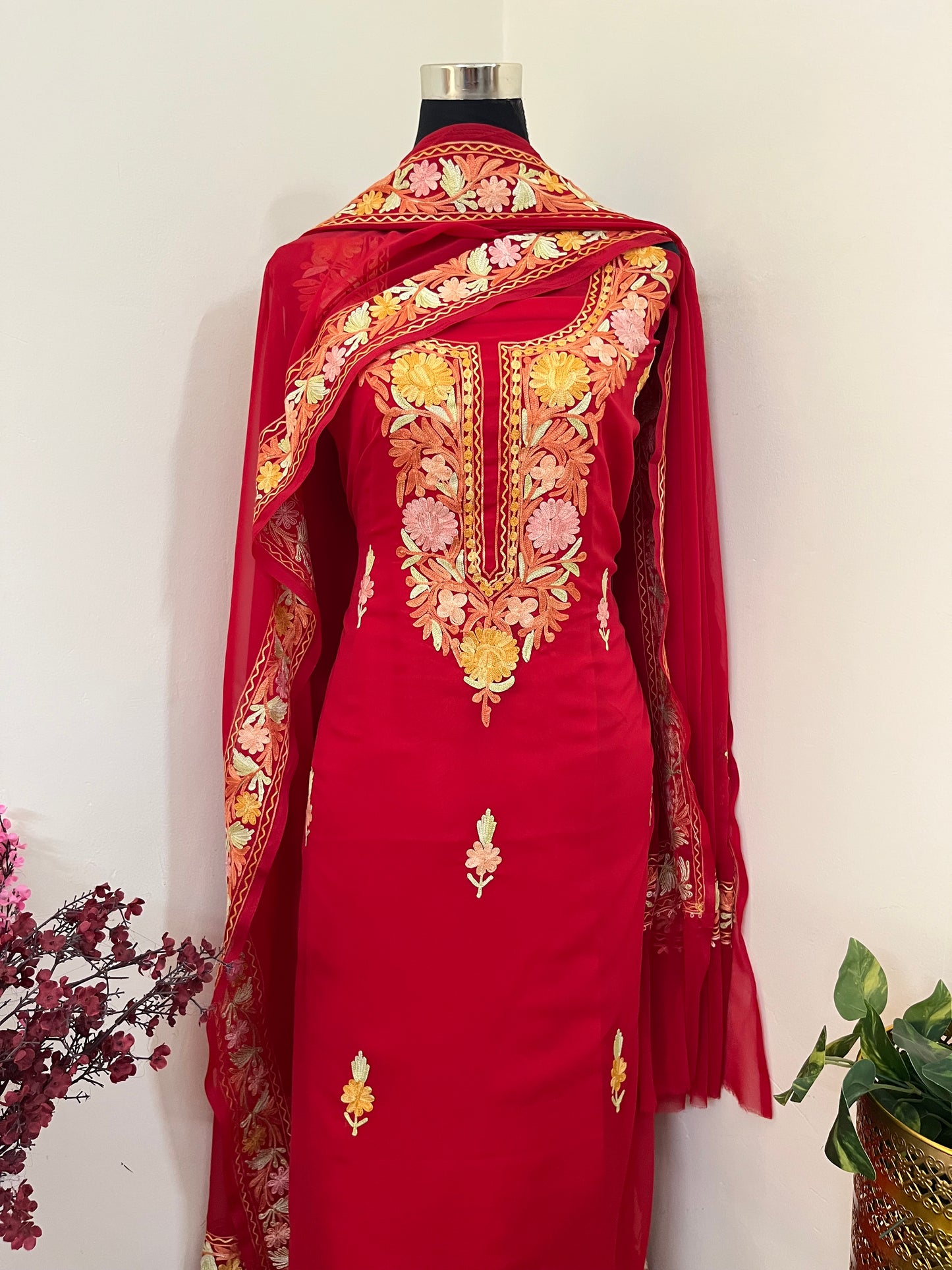 Red Georgette 3 Pc Aari Embroidered Suit Set