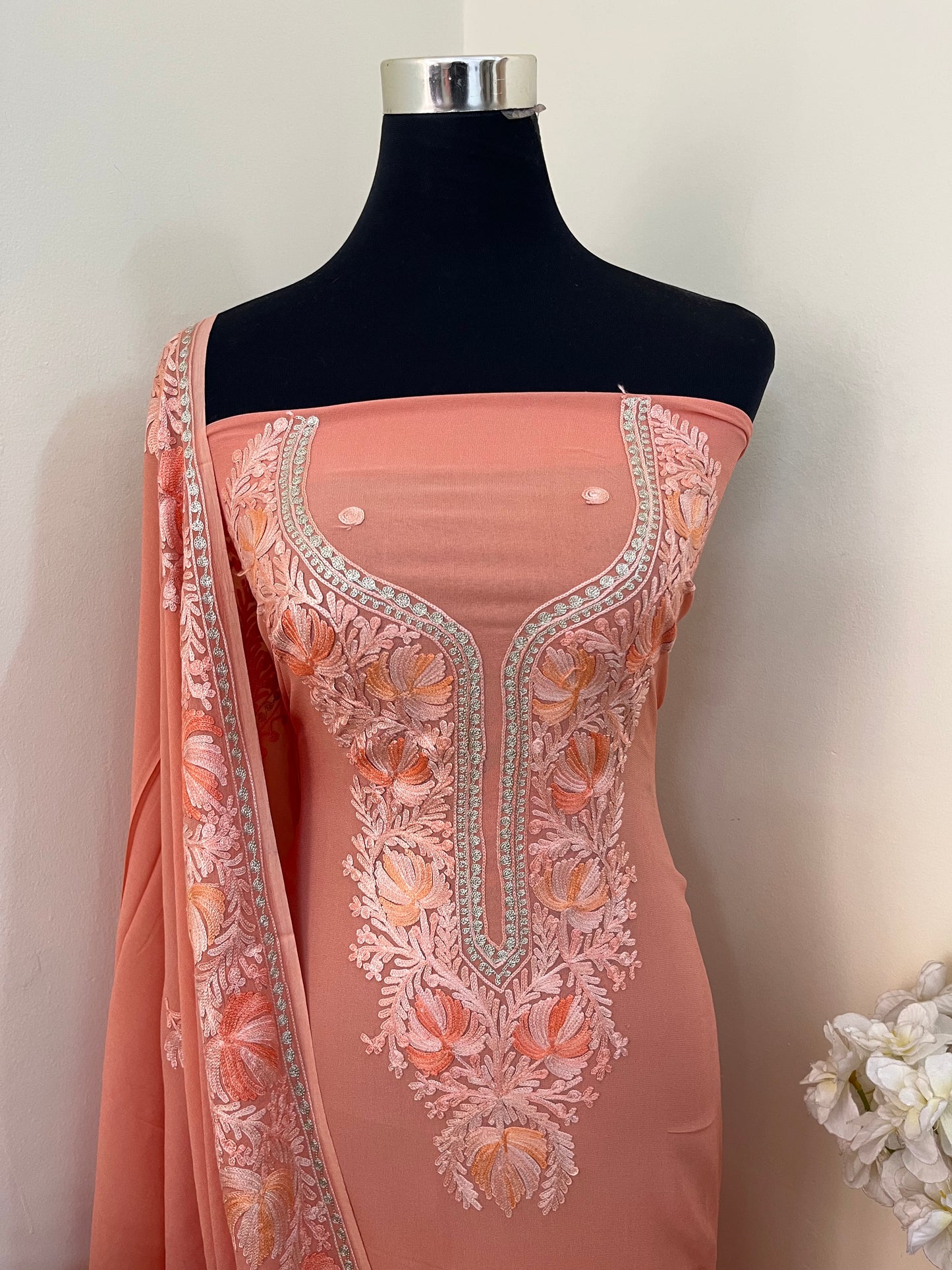 Peach Pure Georgette Kashmiri Suit