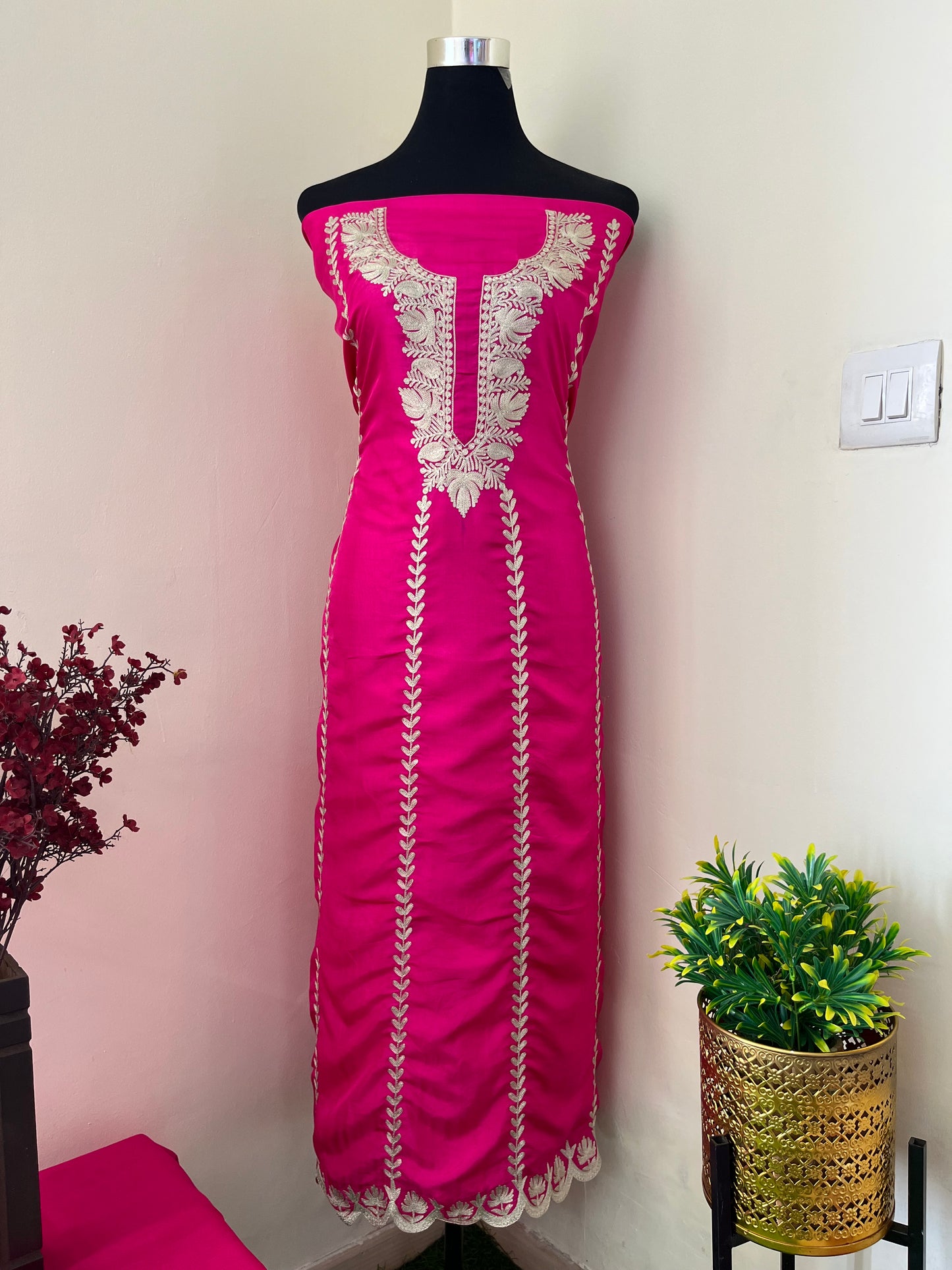 Sanam’ Hot Pink Silk Tilla Embroidered Suit material