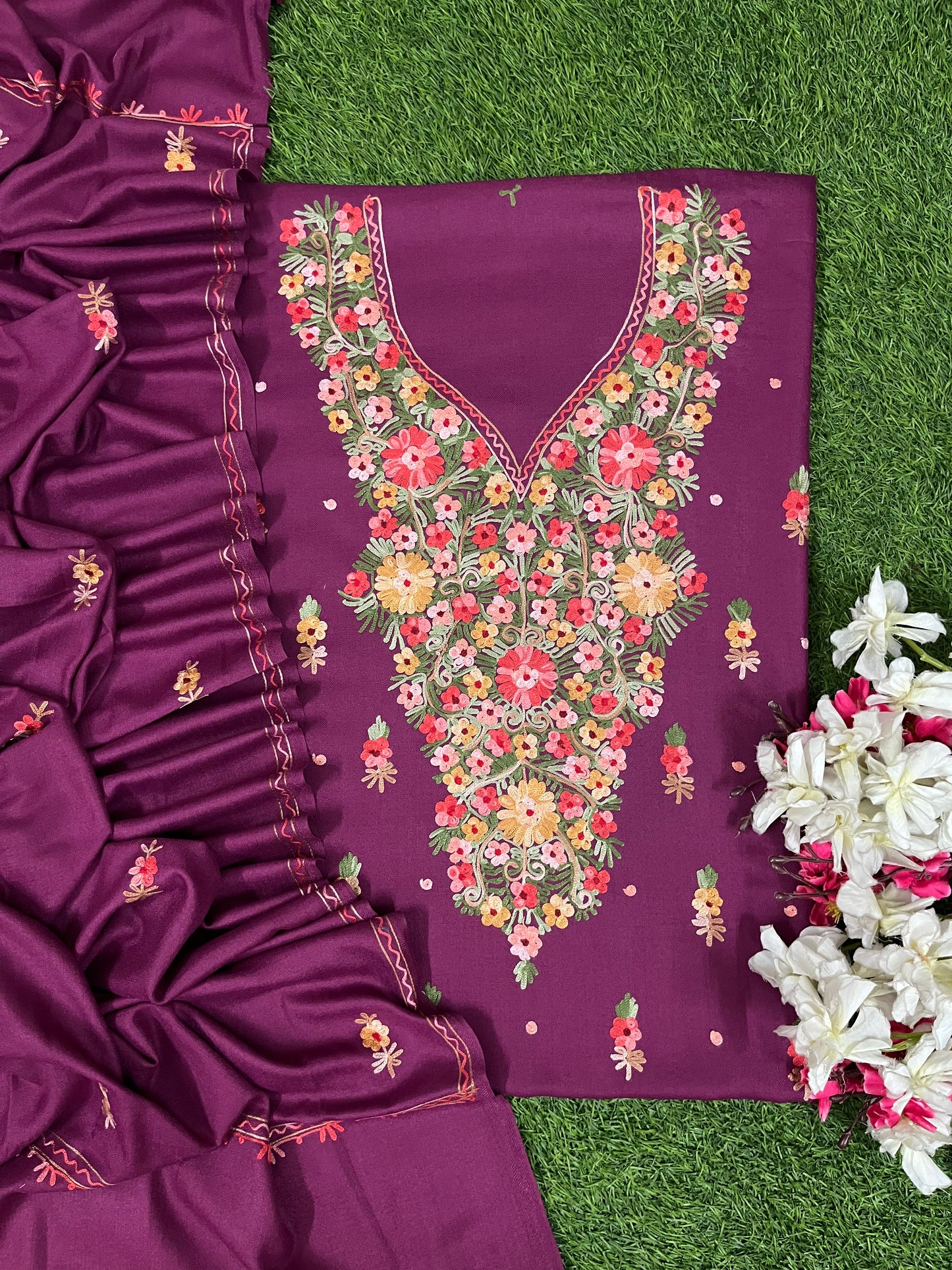 Wine Woollen Aari Embroidered 3pc suit