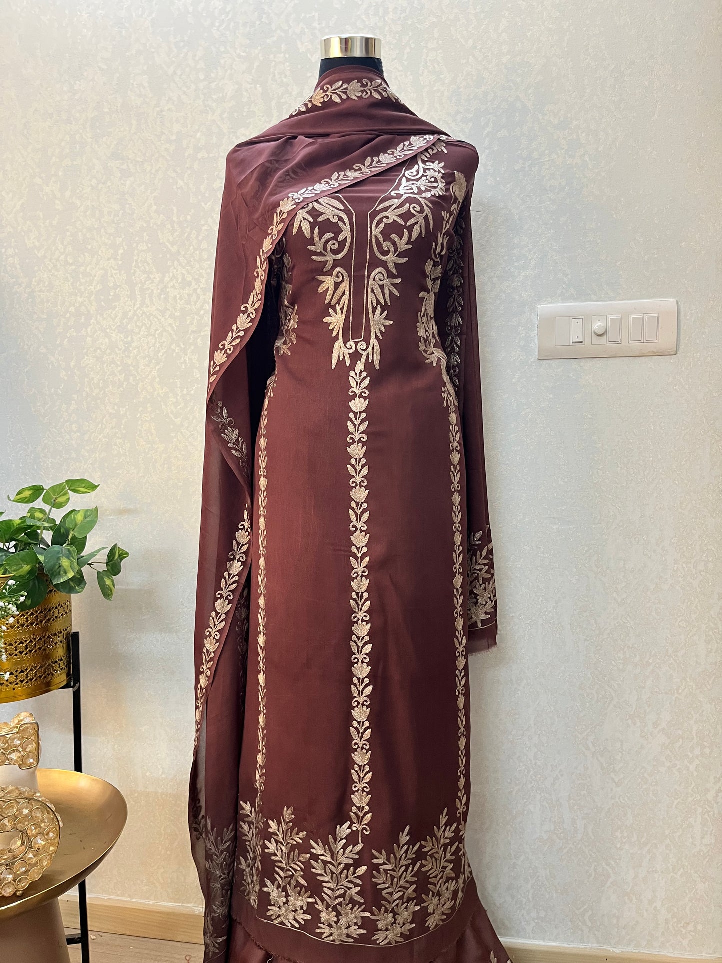 Brown Pure Georgette Oxidised Tilla Kashmiri Suit