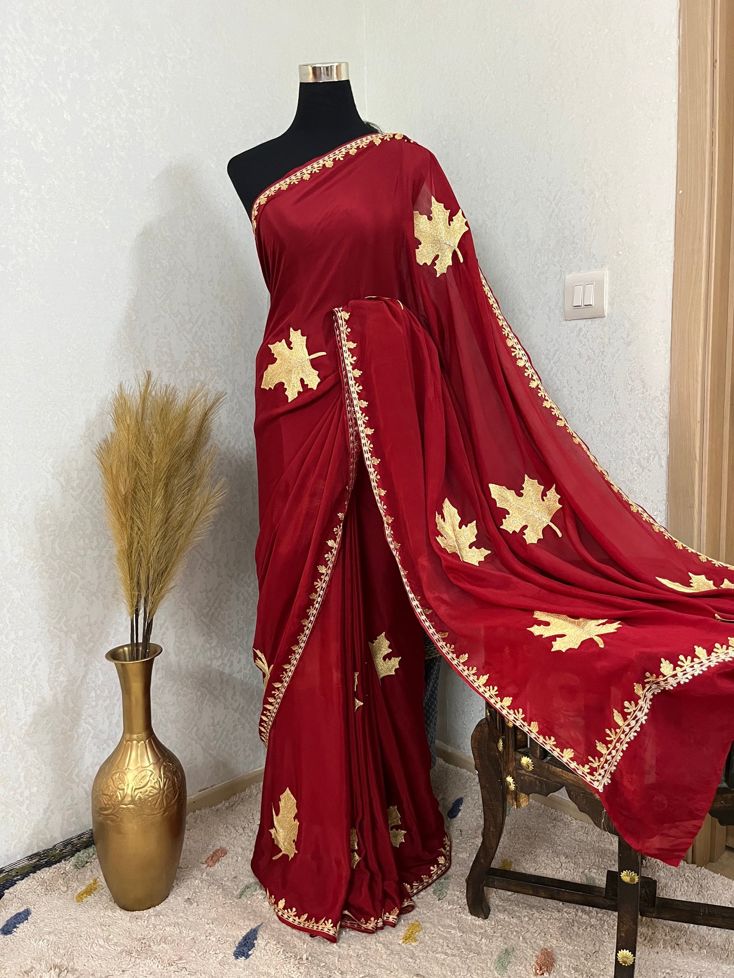 Maroon Pure Chinon Kashmiri Tilla Saree