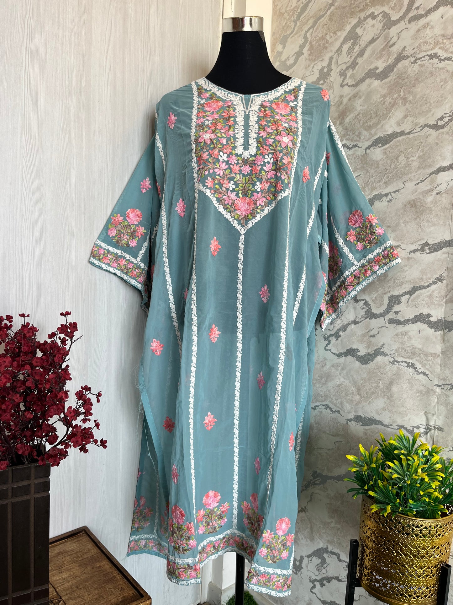 Sea Blue Georgette All over Work Aari Embroidered Unstitched Kurta Material