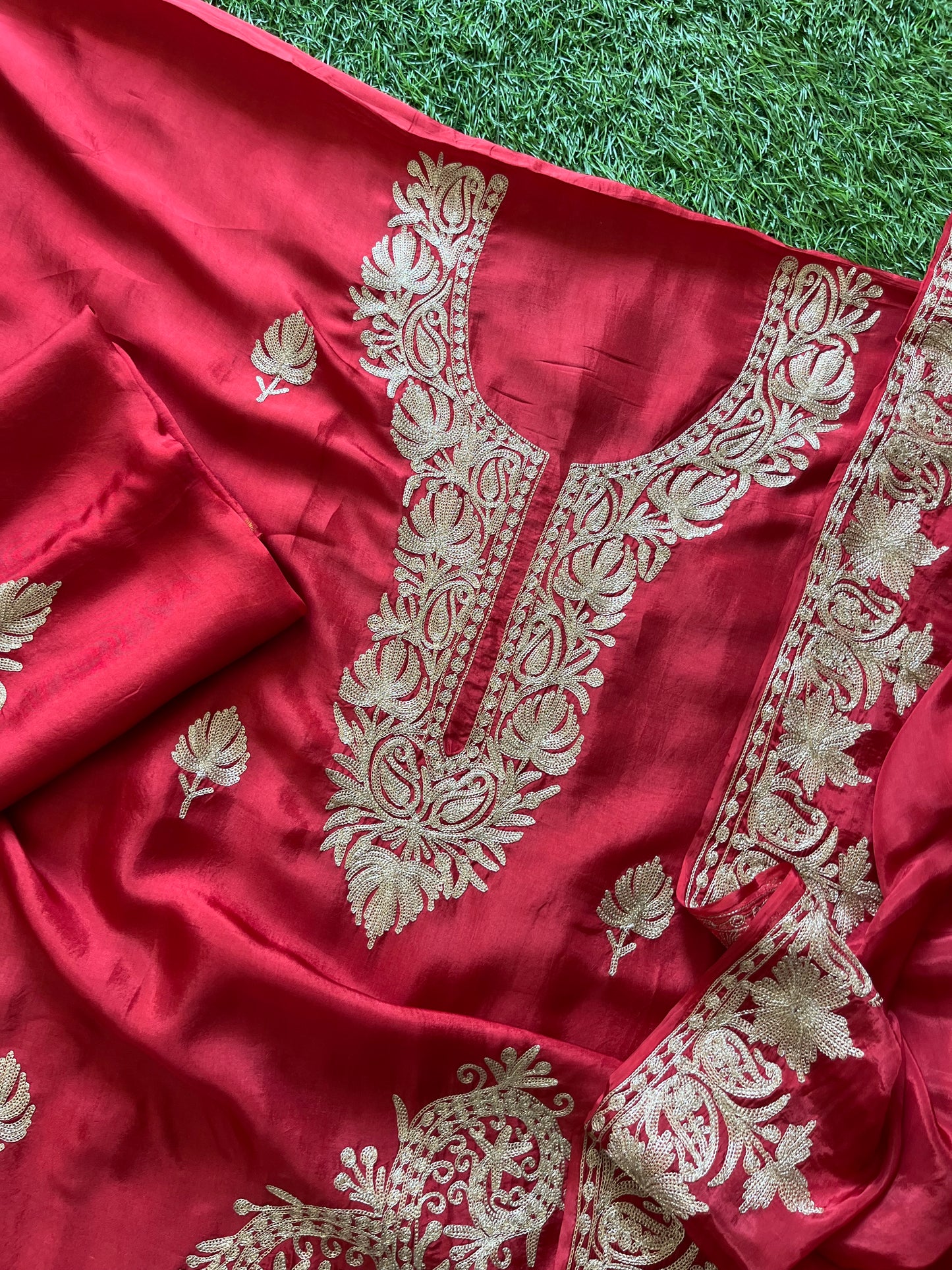 Red Silk Tilla Embroidered Suit material