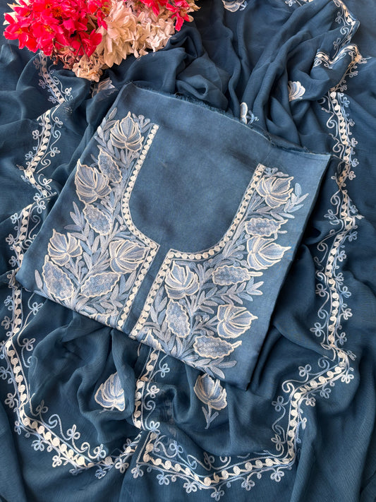 Blue Opada Silk Kashmiri Suit