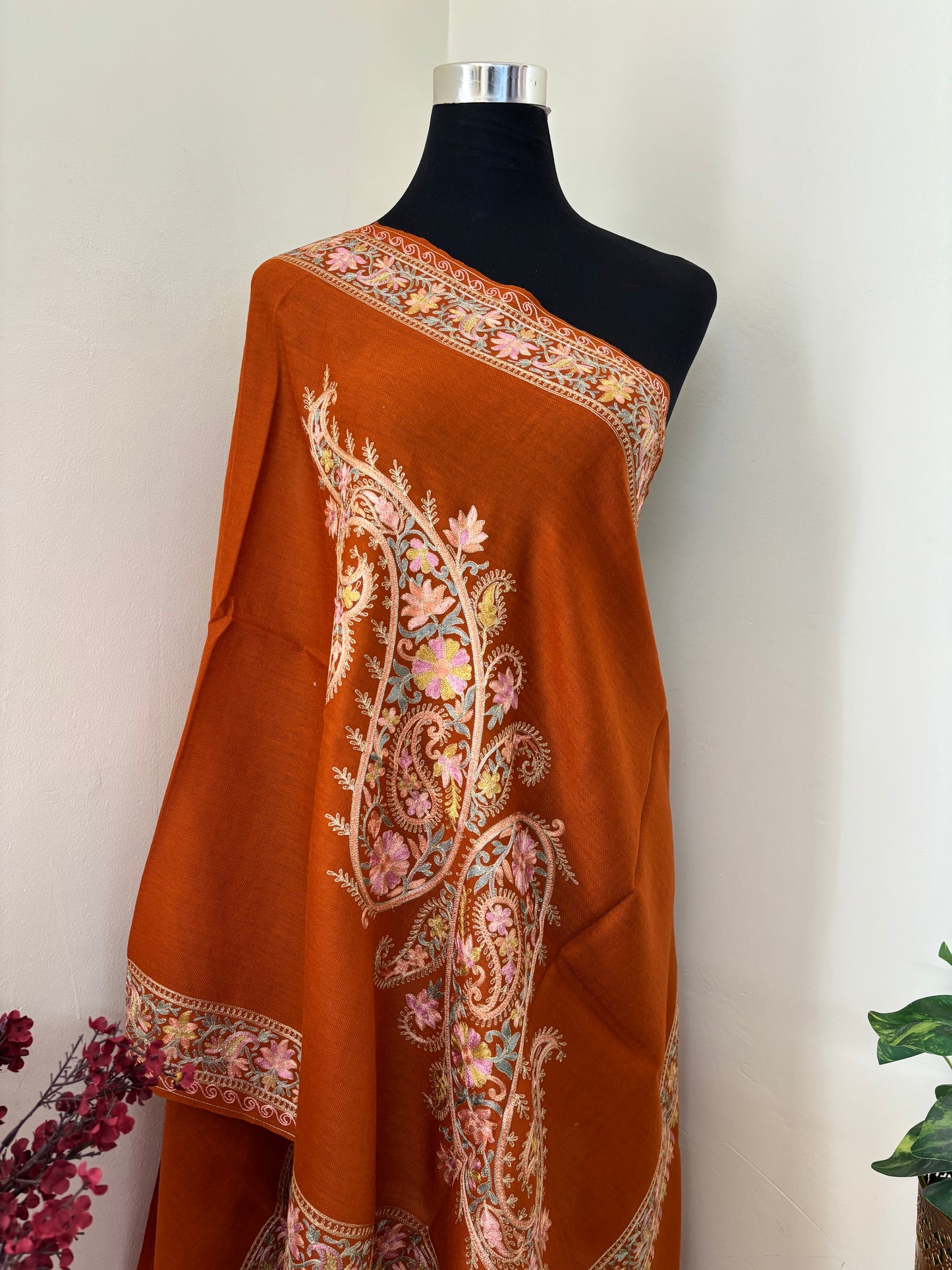 Orange Silk Thread Ambi Aangan Embroidered Fine Semi Pashmina stole