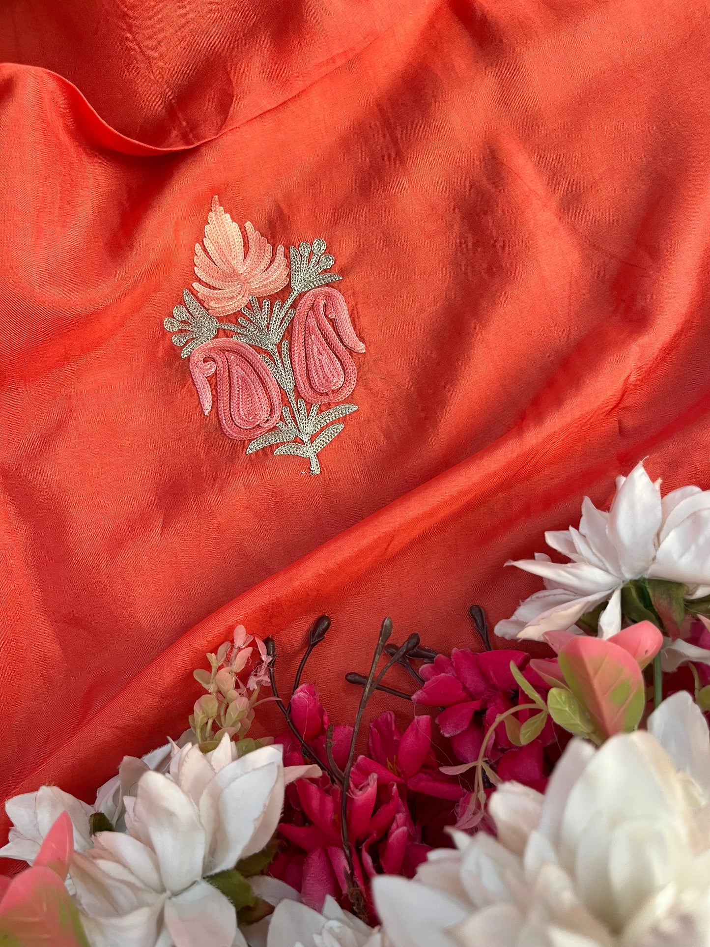 Sanam’ Orange Silk Aari Embroidered Suit material