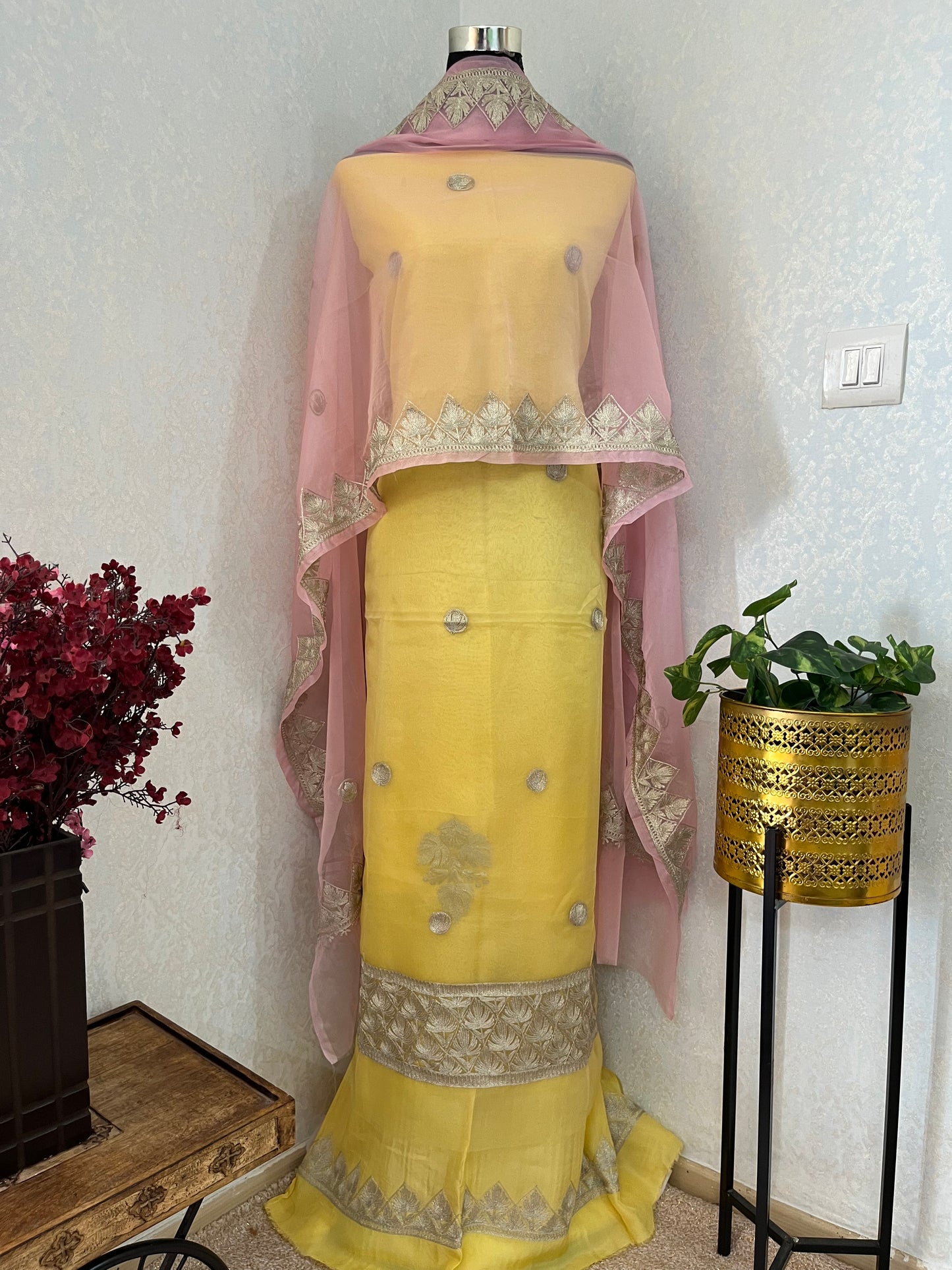 Lemon Yellow Soft Tissue Kashmiri Suit