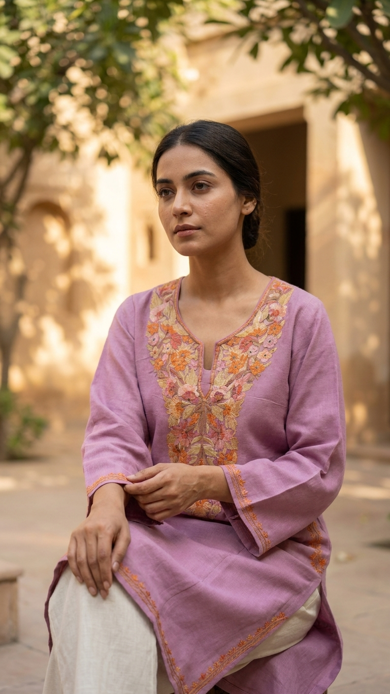 Soft Pink Aari Embroidered Wool Pheran