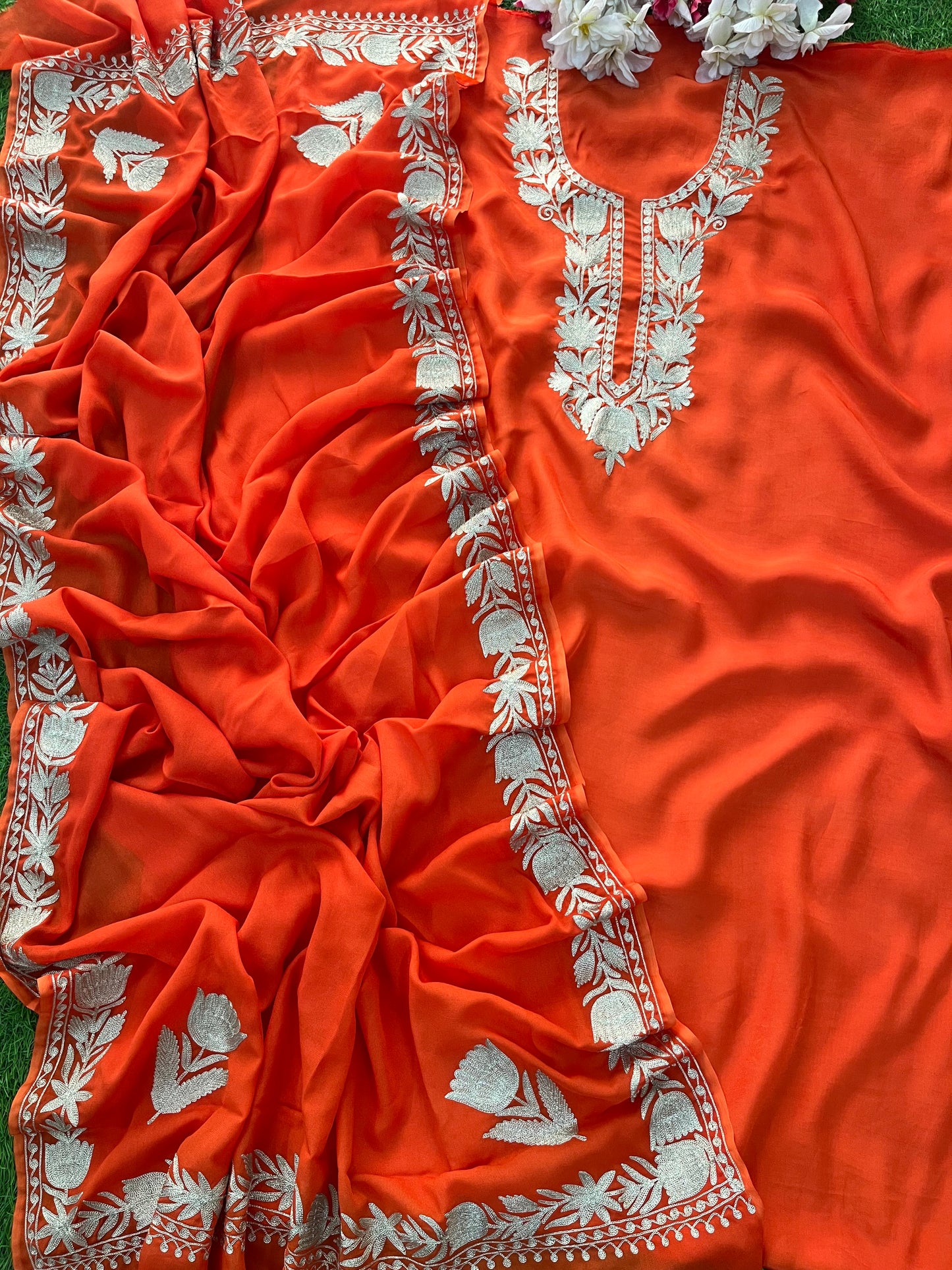 Kalaa’ Orange Crape Kashmiri Suit