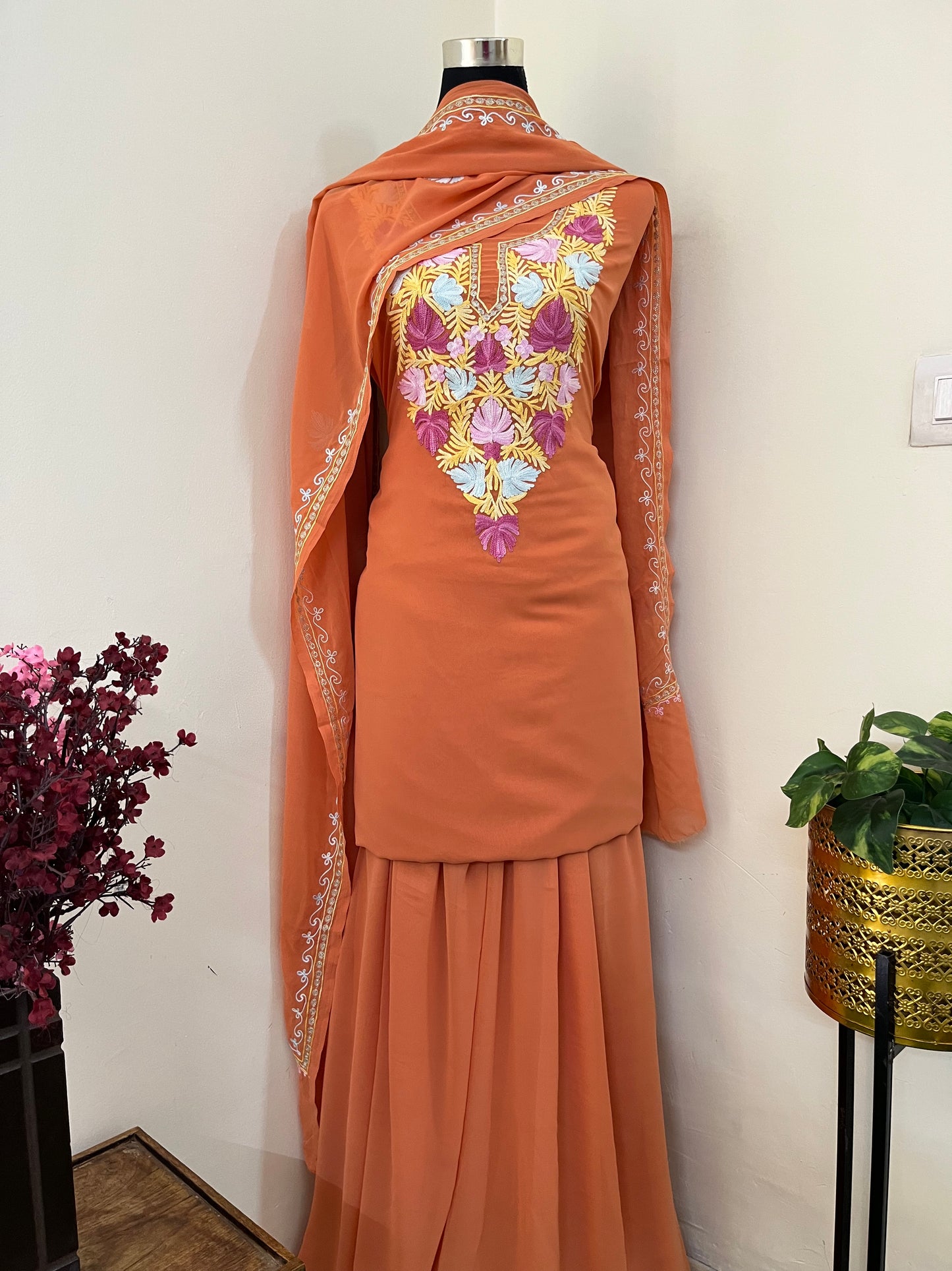 Soft Orange Georgette 3 Pc Aari Embroidered Suit Set