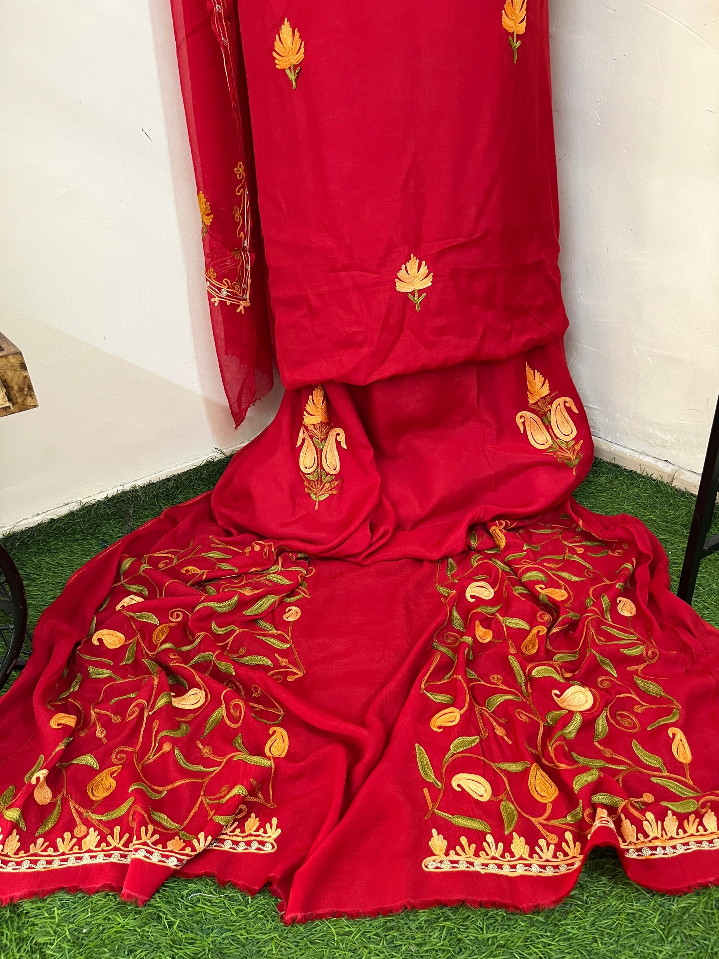 Red Muslin Cotton Jaal Sleeves Kashmiri 3pc Suit