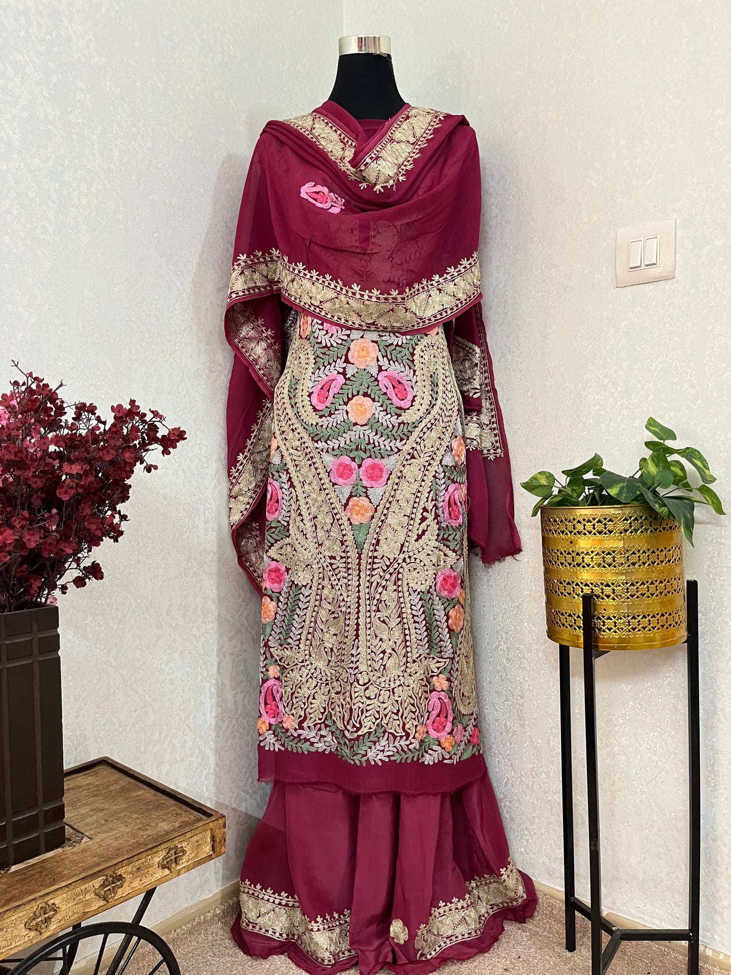 Wine Georgette 3 Pc Aari Embroidered Suit