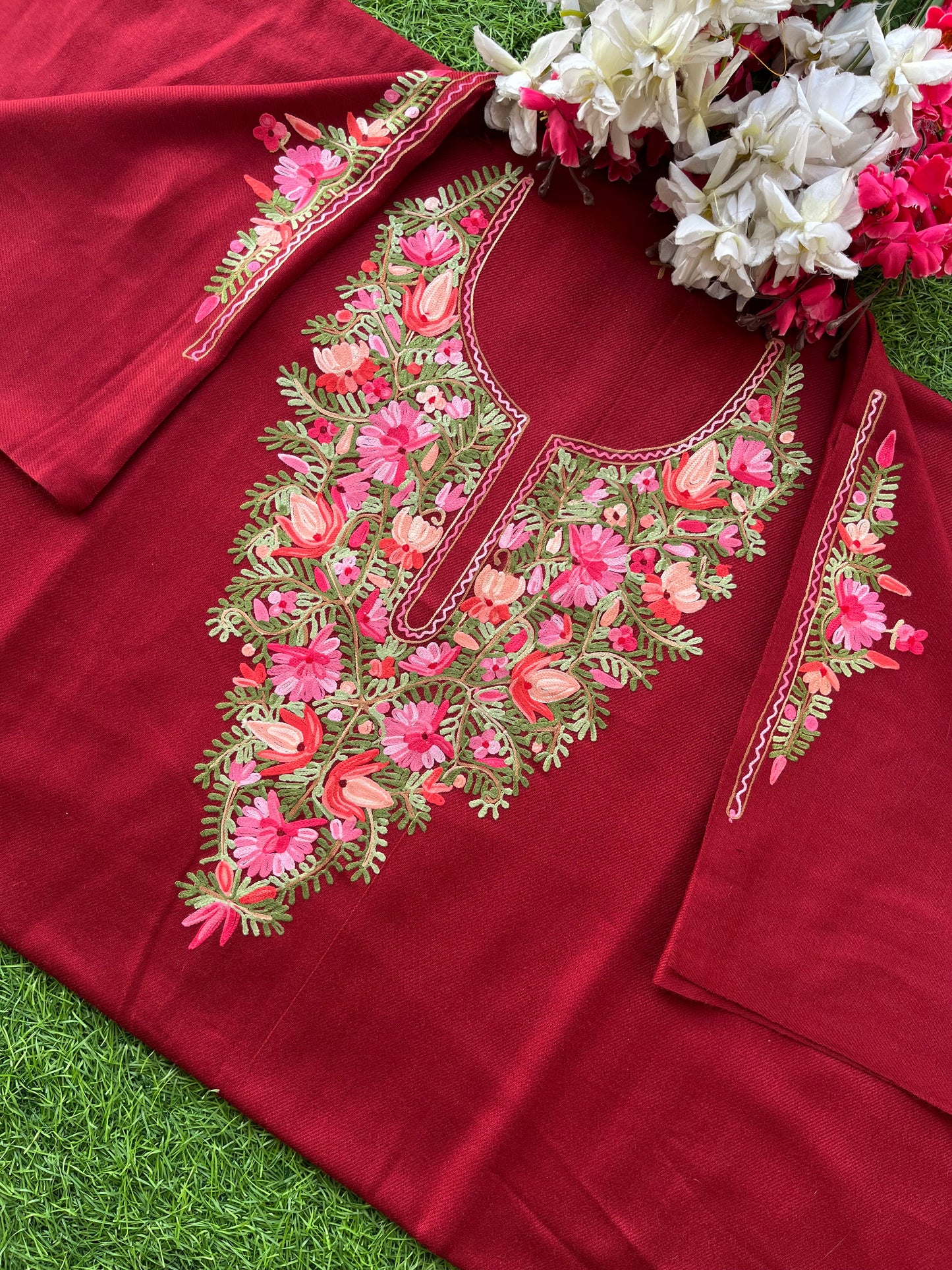 Maroon Woollen Aari Embroidered 2pc suit 5mtr