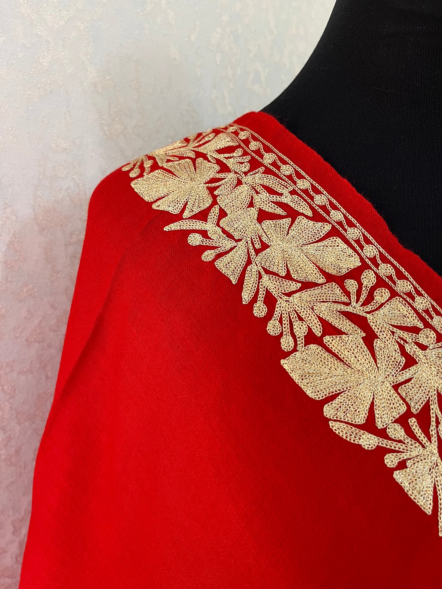 Red Semi Pashmina Tilla Embroidered stole