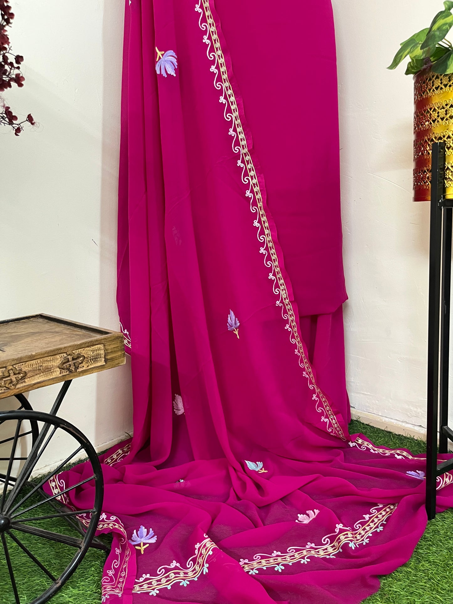 Hot Pink Georgette 3 Pc Aari Embroidered Suit Set