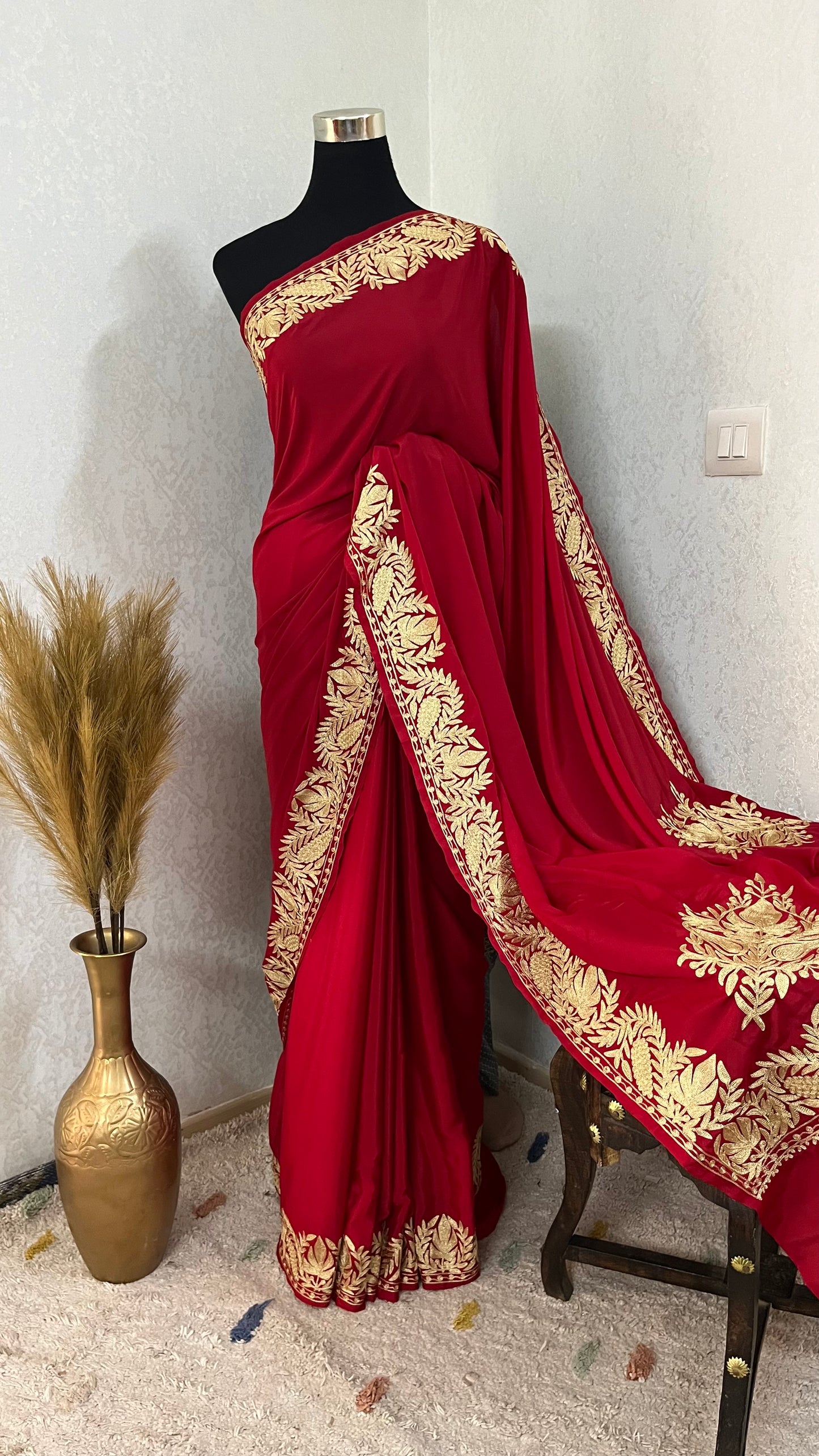 Red Crape Kashmiri Tilla Saree