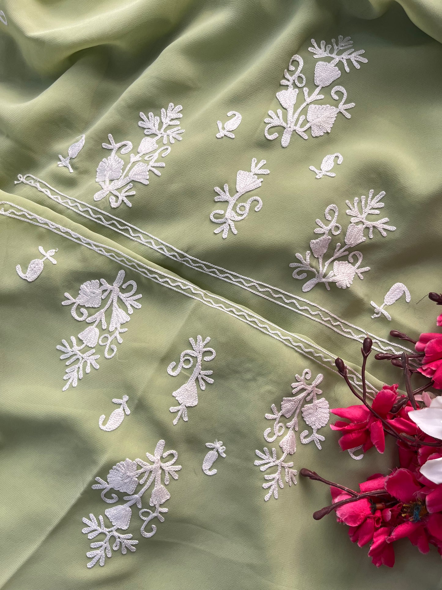 Pista Green Georgette Kashmiri Unstitched Kurta Material