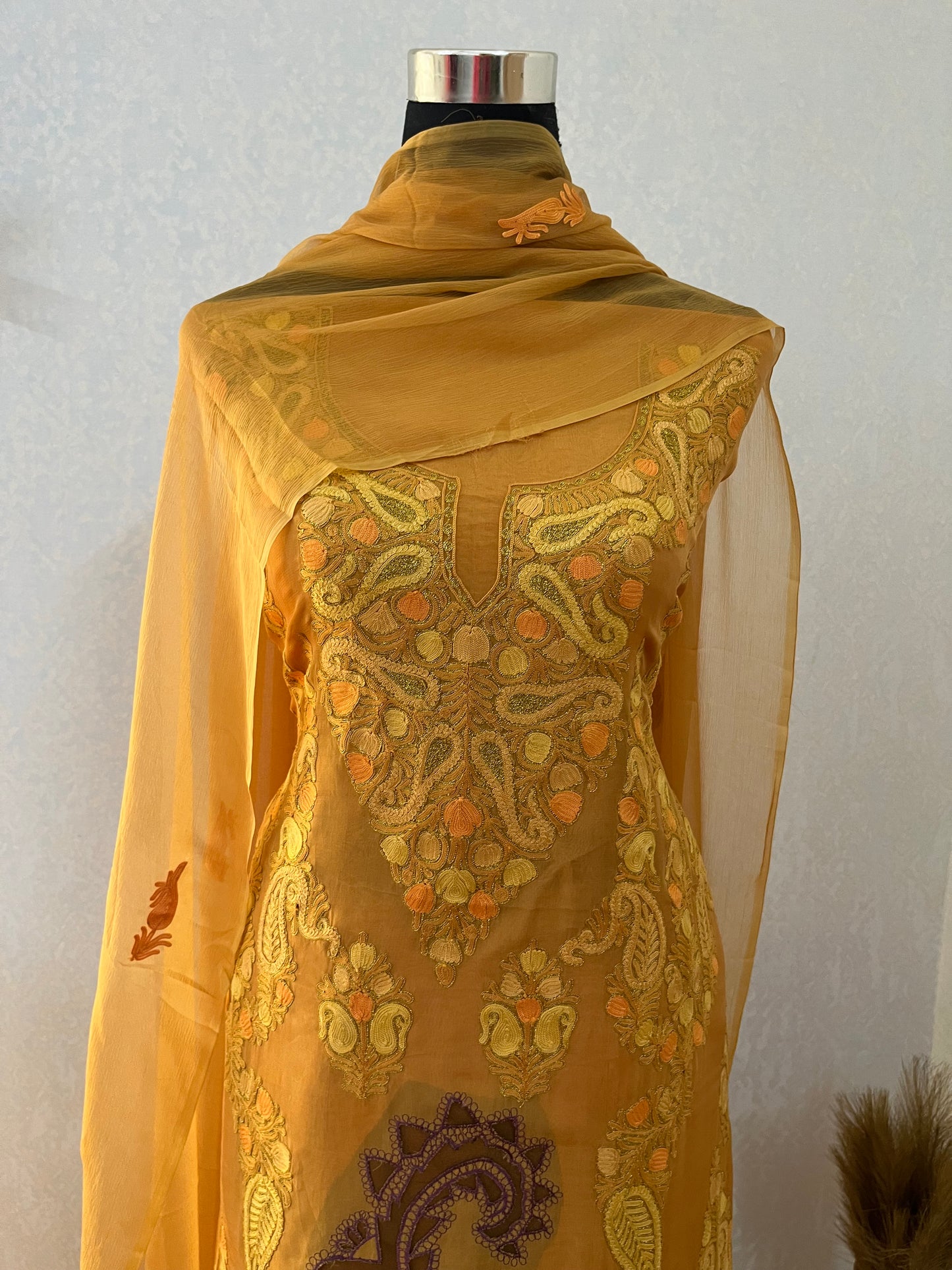 Mustard Yellow Pure Organza Cut Work Kashmiri Suit