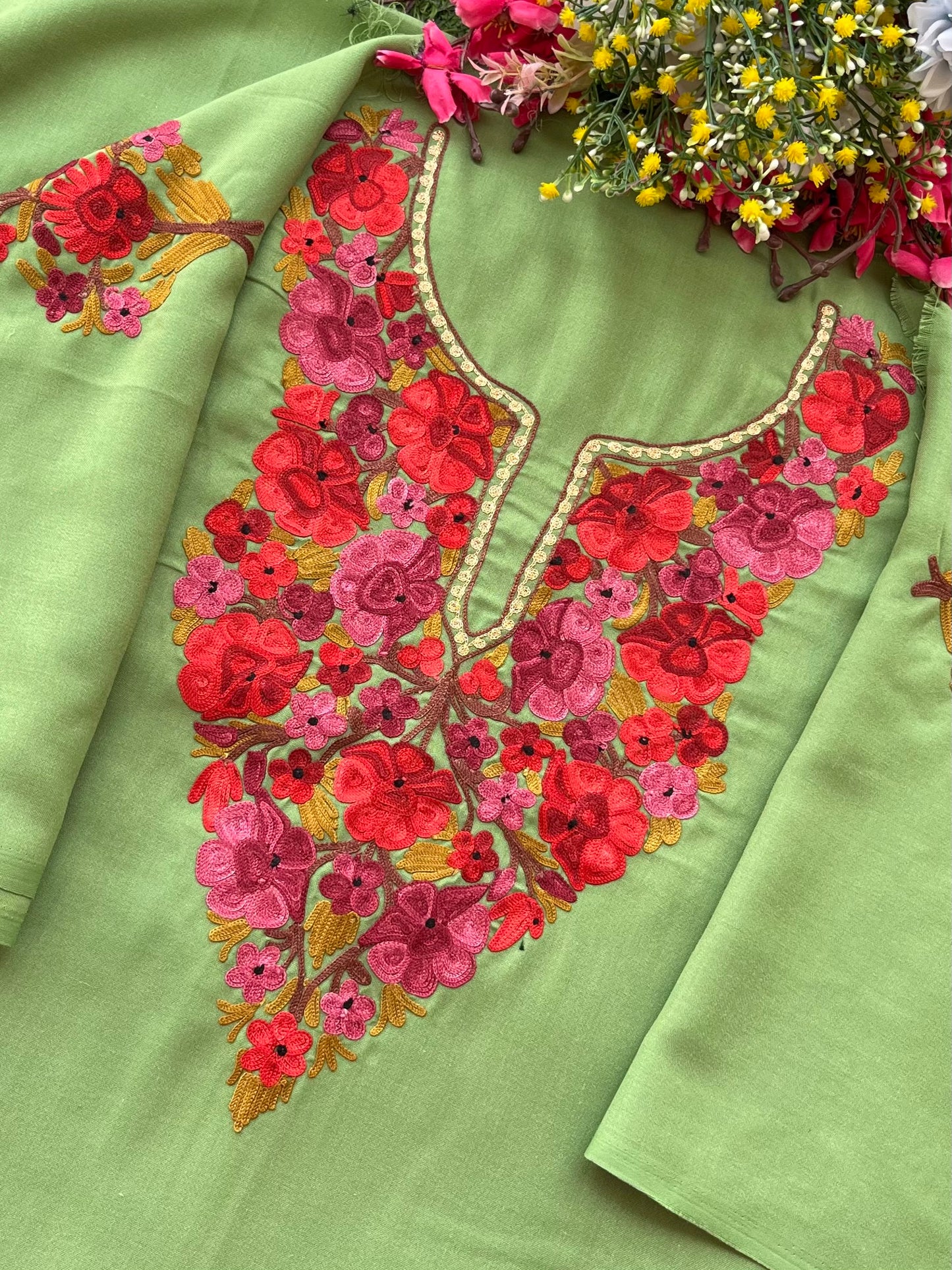 Pastel Green Aari Embroidered Cotton Suit Set