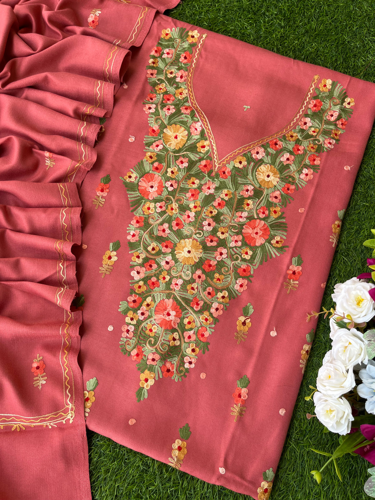 Pink Woollen Aari Embroidered 3pc suit