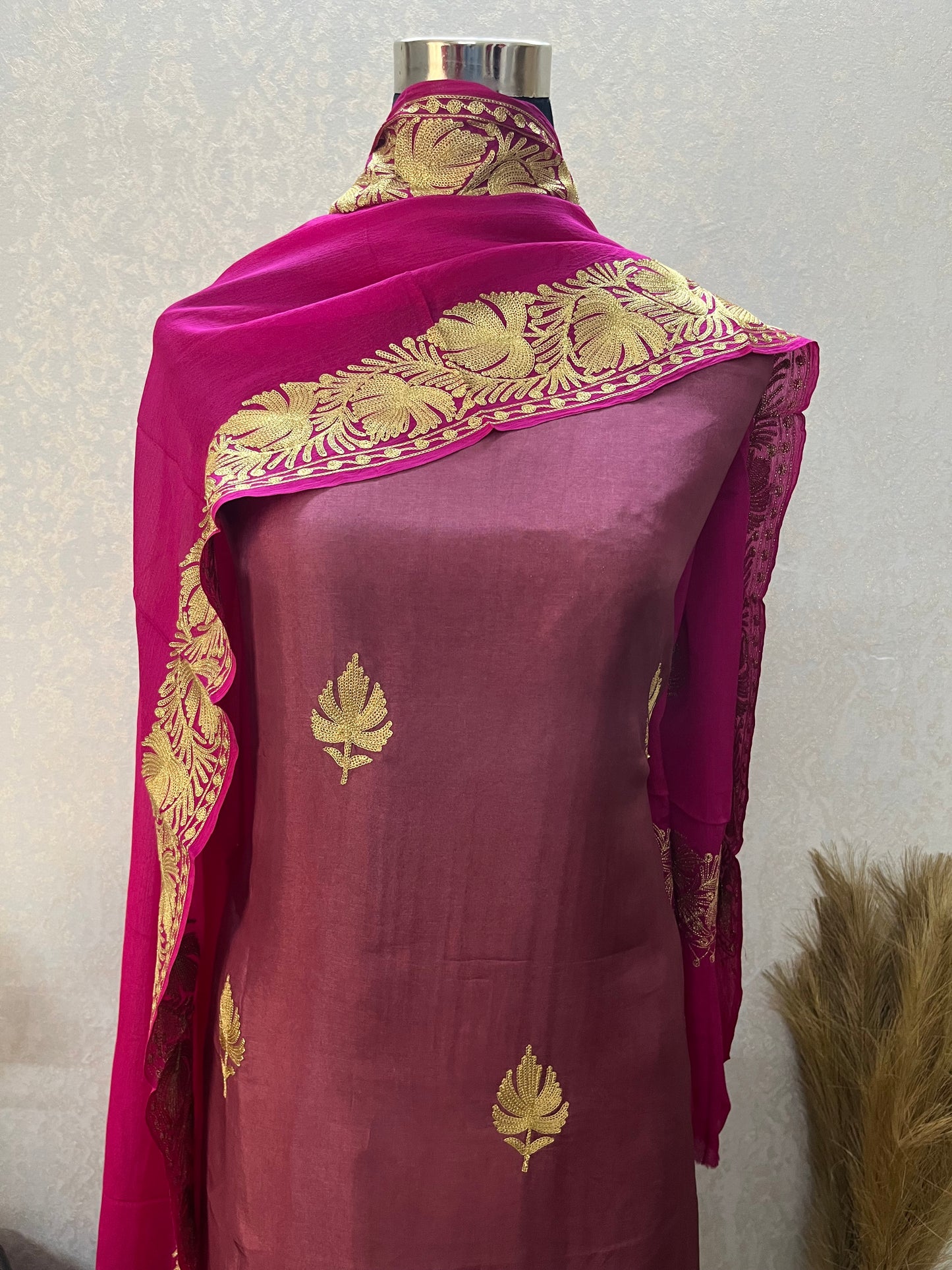 ‘Kalaa’ Onion Pink Opada Silk Tilla Embroidered Suit material