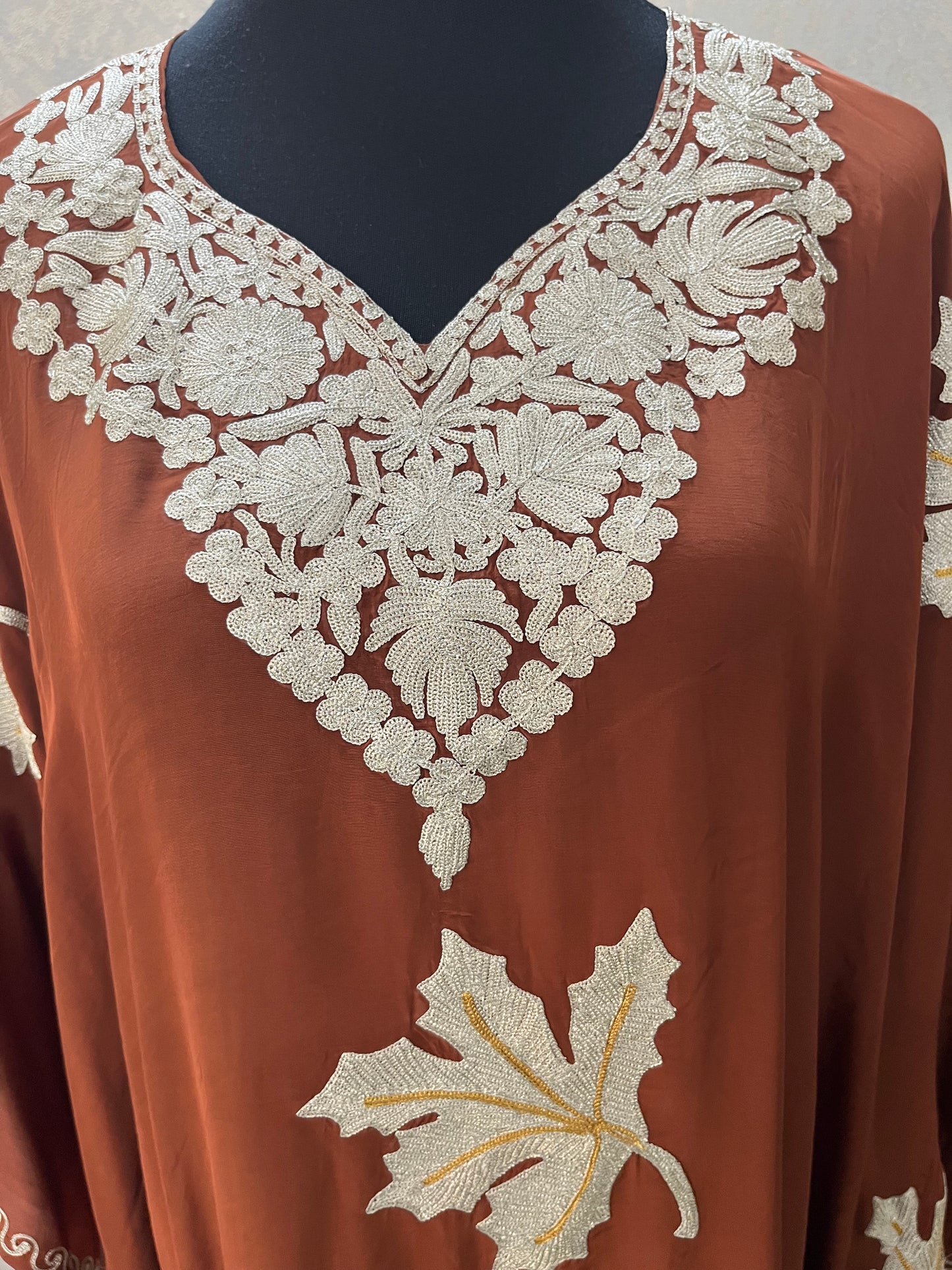 Brown Crape Kashmiri Kaftan Set