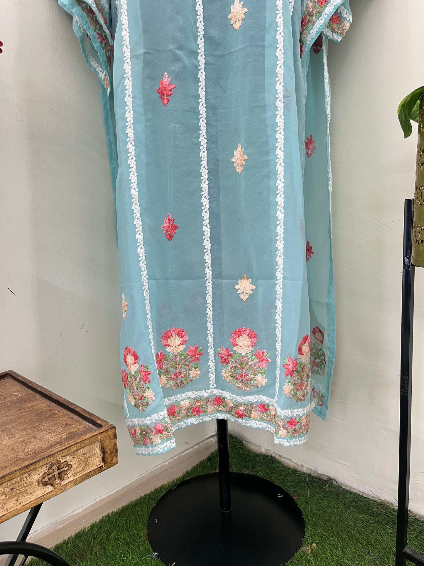 Soft Blue Georgette All over Work Aari Embroidered Unstitched Kurta