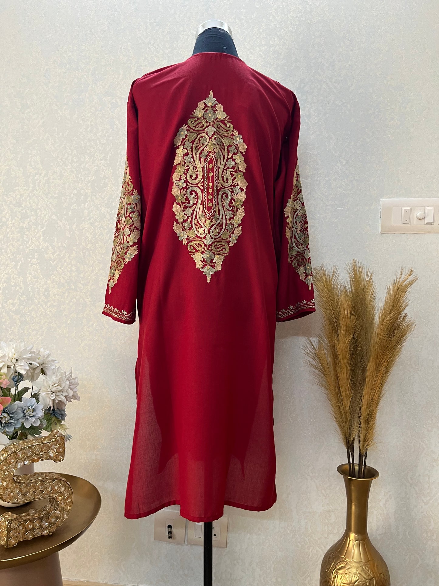 Maroon Cotton Aari Work Kurta