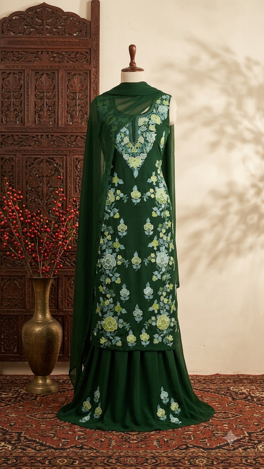 Green Georgette 3 Pc Kashmiri Suit